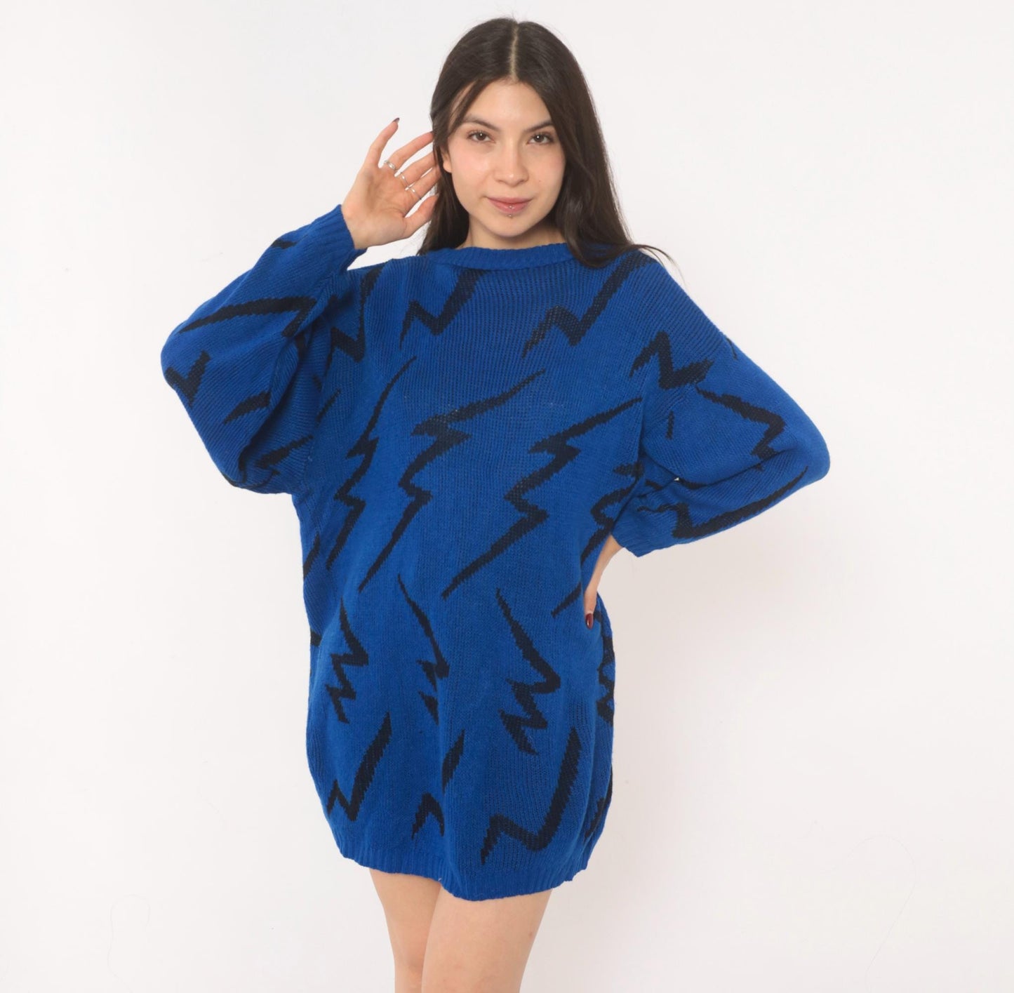 80s Cobalt Blue Lightning Bolt Knit Pullover Black Zigzag Crewneck Medium