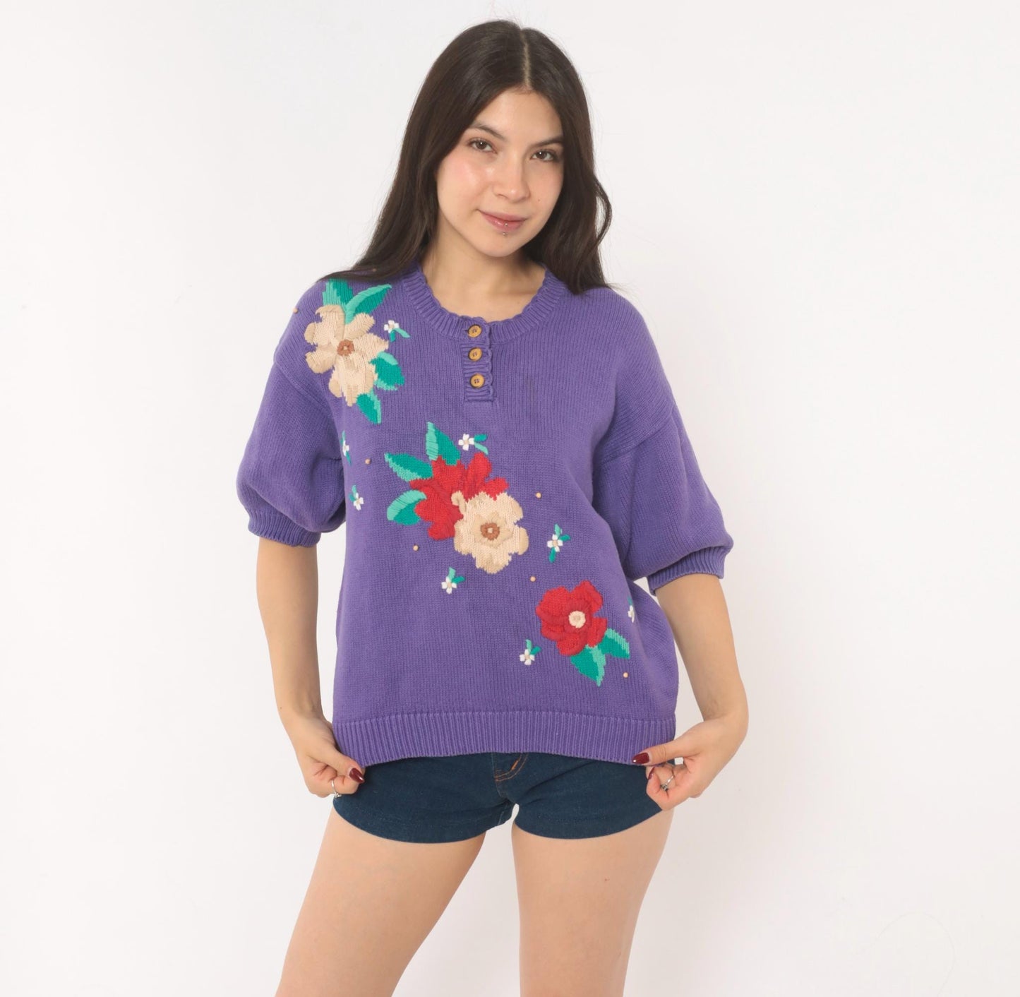 80s Koret Francisca Purple Floral Embroidered Henley Sweater Cotton Medium M