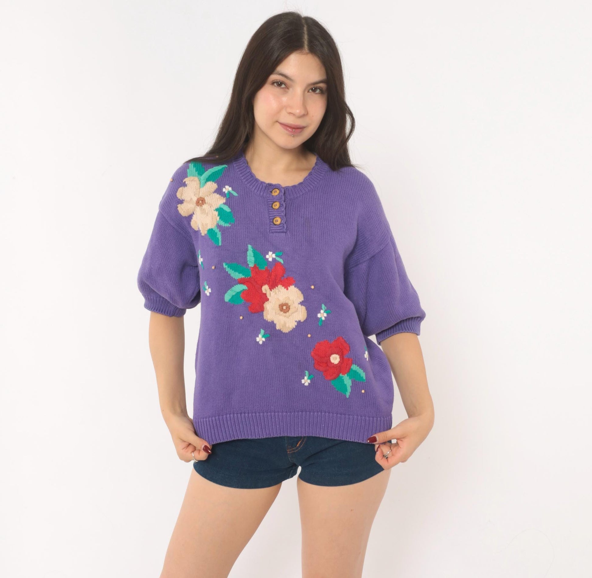 80s Koret Francisca Purple Floral Embroidered Henley Sweater Cotton Medium M