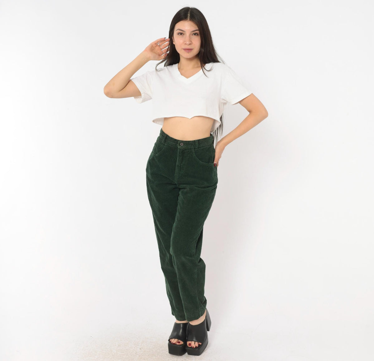 Benetton Emerald Corduroy High-Waist Pants 80s Forest Green Cotton Trousers XS
