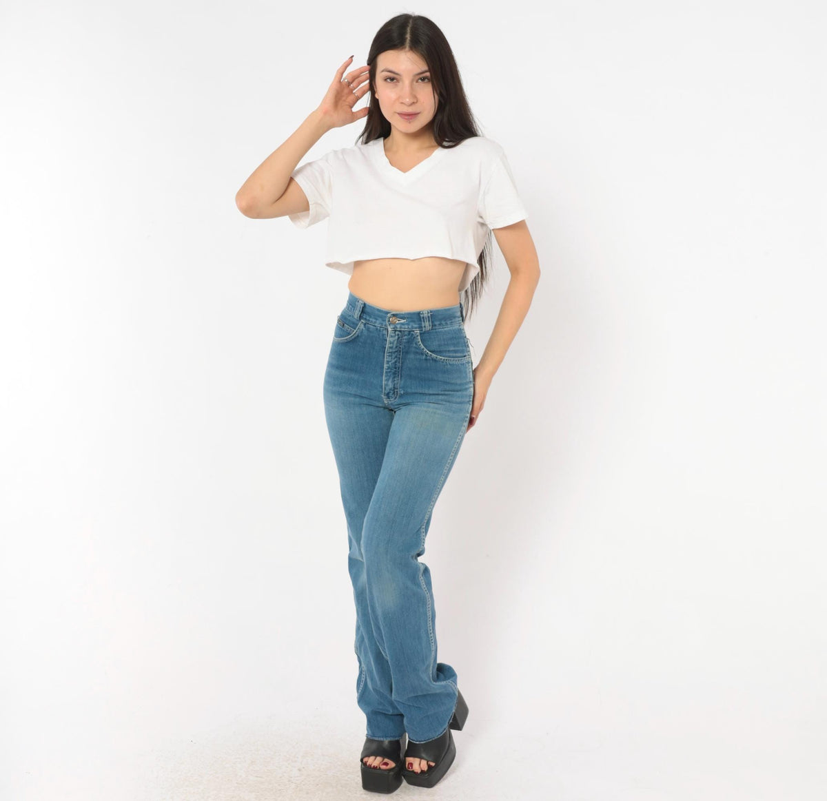 80s Flyers High Waist Straight Leg Jeans Medium Wash Cotton Blue Extra Small XS