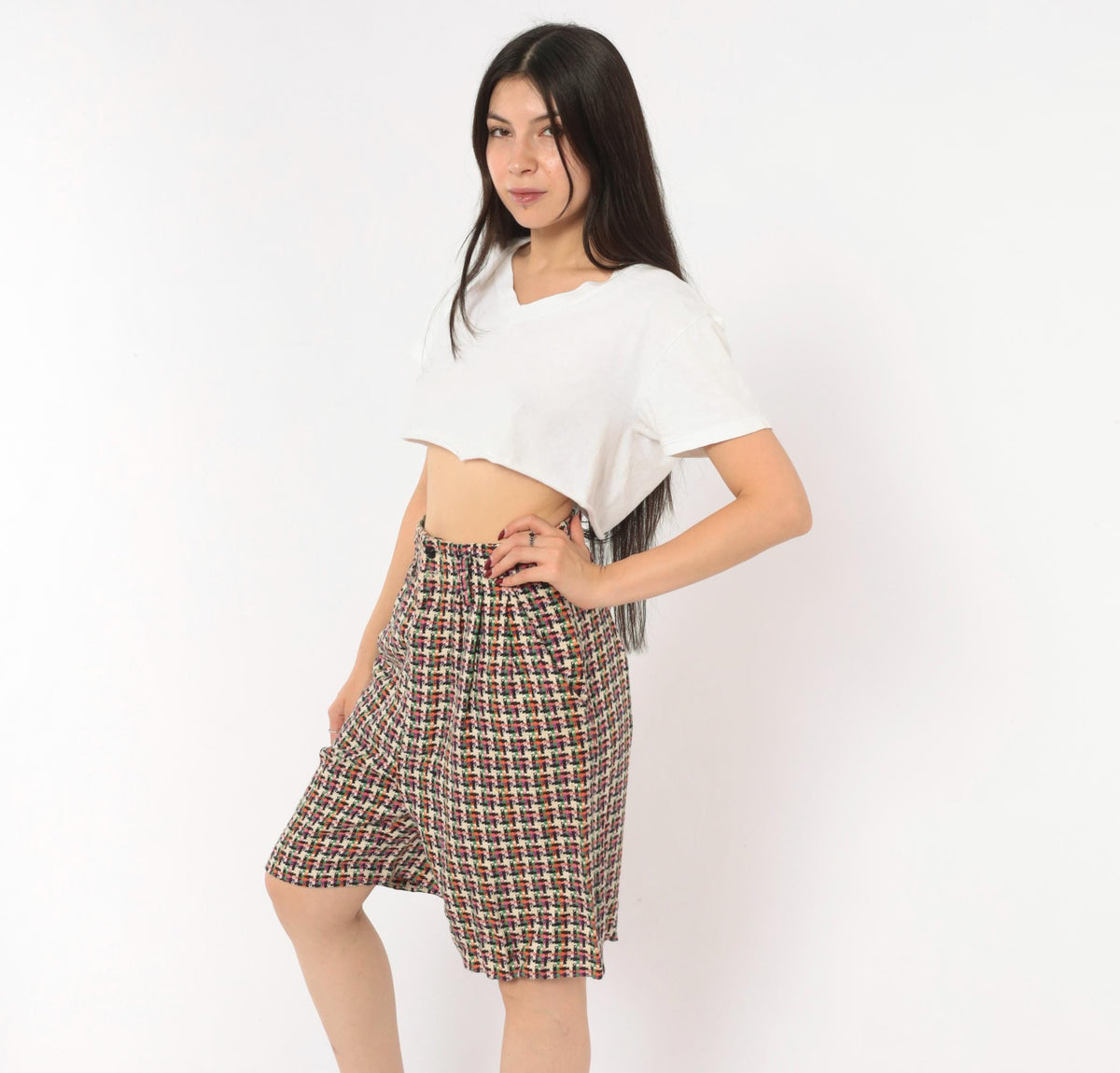90s For Pete's Sake Houndstooth Pleated Bermuda Shorts Multicolor Linen Small