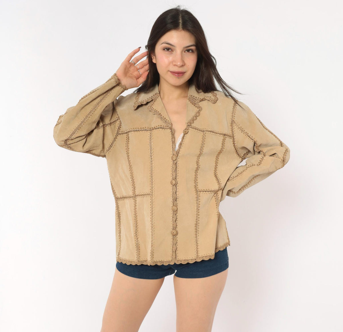 2000s Tan Suede Patchwork Jacket Crochet Trim Button Front Medium