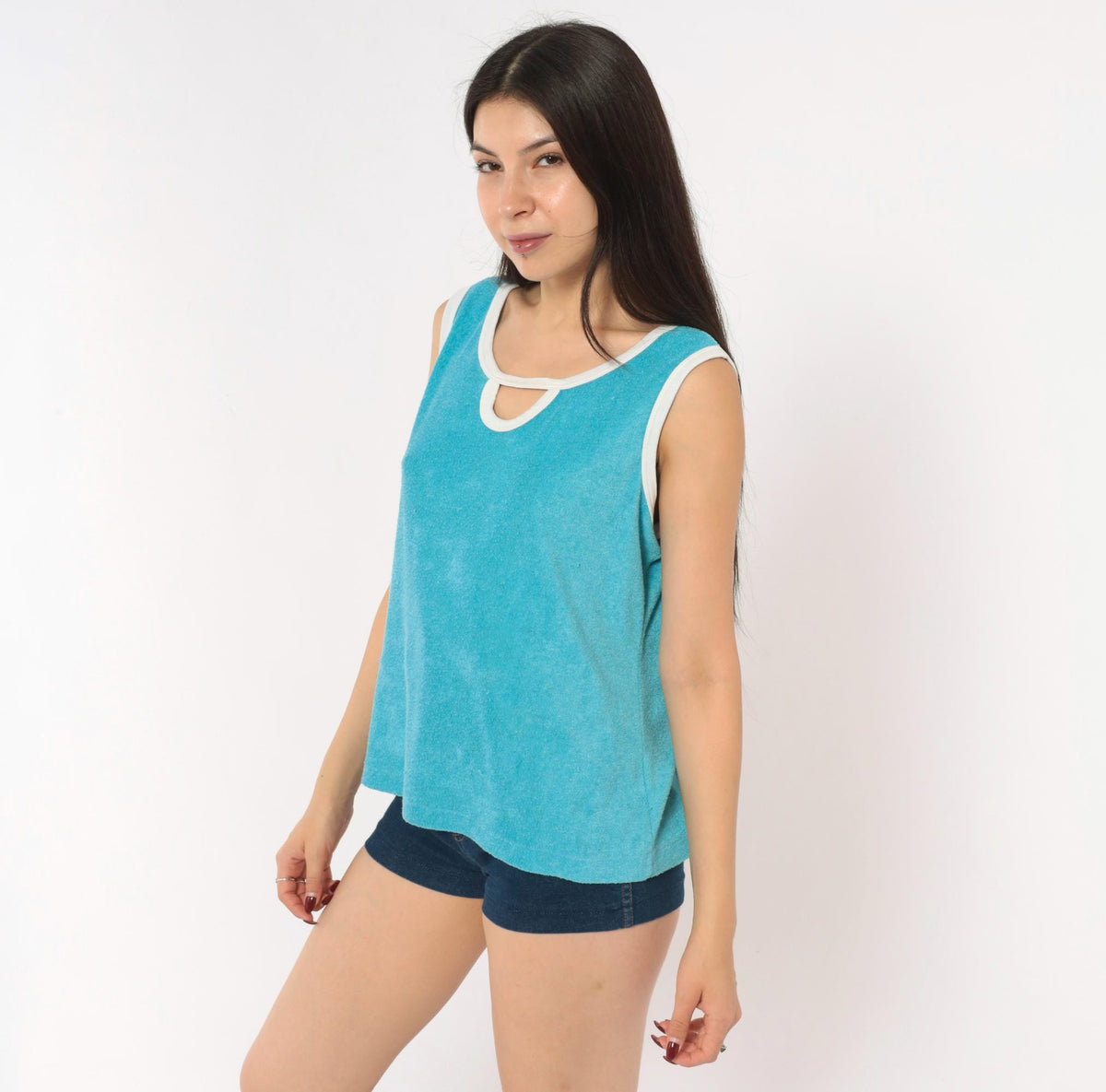 70s Sky Blue Terry Cloth Tank Keyhole Neckline White Trim Medium
