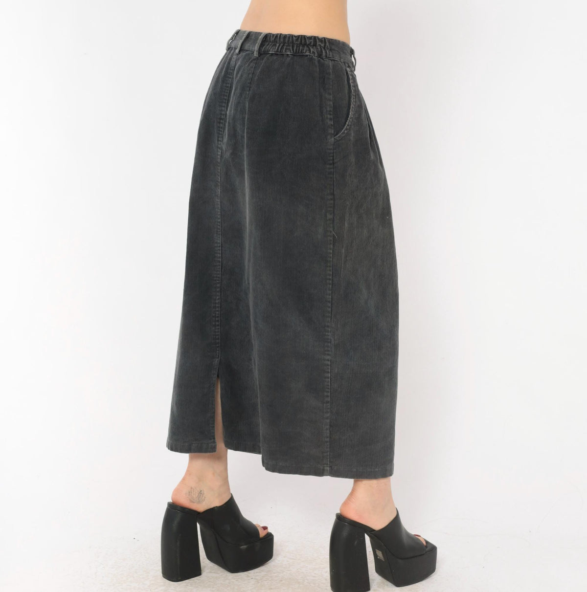80s Gina Peters Charcoal Corduroy Midi Skirt Pleated High Waist Small