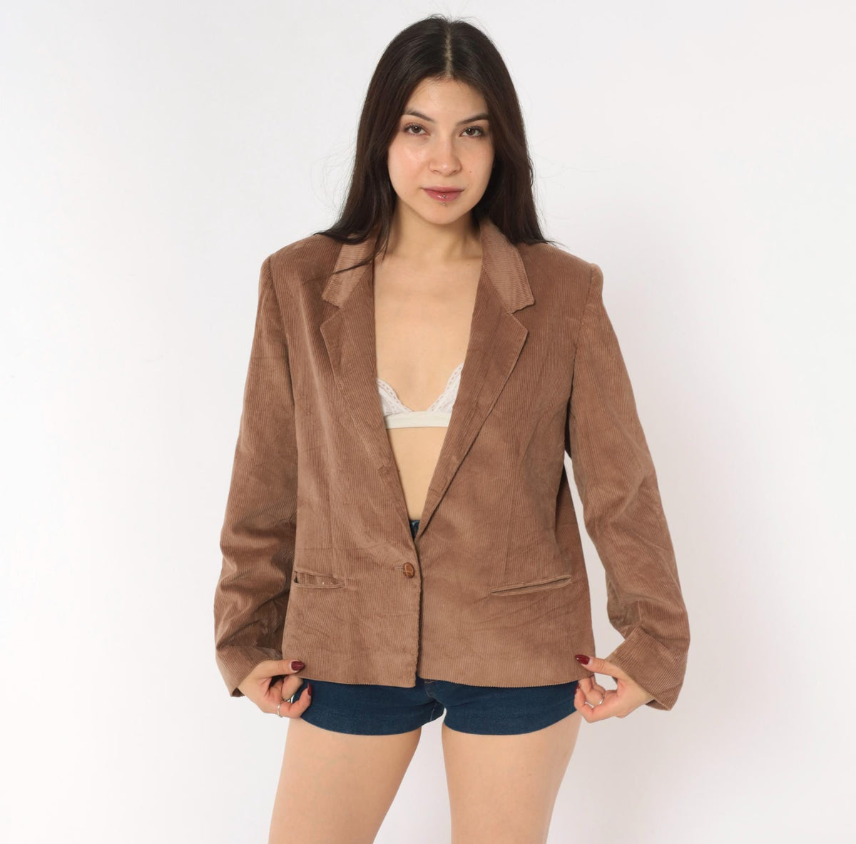 80s Panther Corduroy Blazer Mauve-Brown Notched Lapel Cotton Medium M