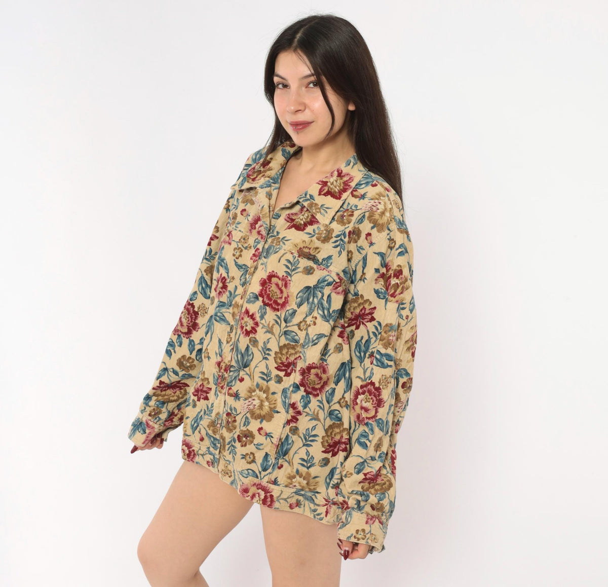 2000s Elisabeth Floral Corduroy Jacket Tan Botanical Button Front Plus Size 3X