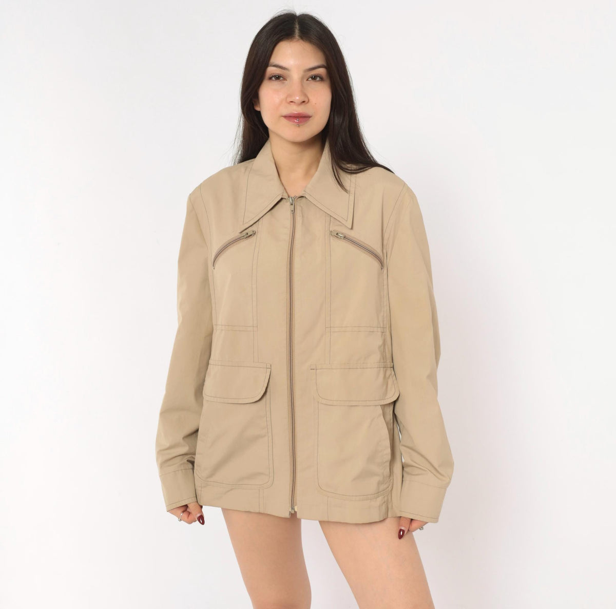80s London Fog Tan Zip Jacket Utility Coat Multi Pocket Medium