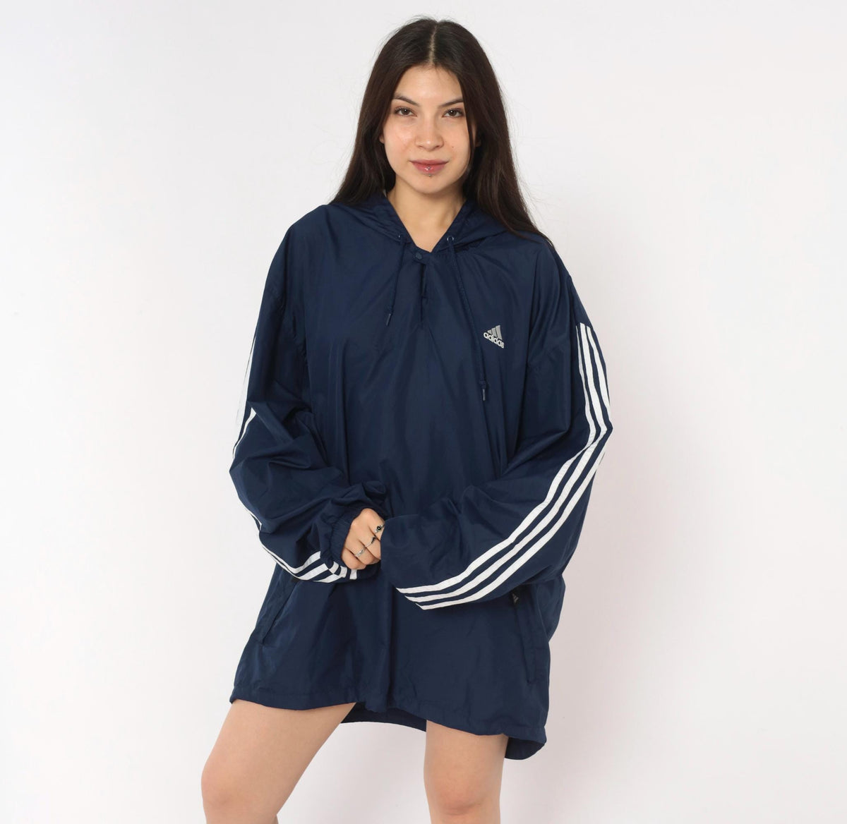 Y2K Adidas Navy Windbreaker Anorak Hooded Pullover White Stripe Extra Large XL