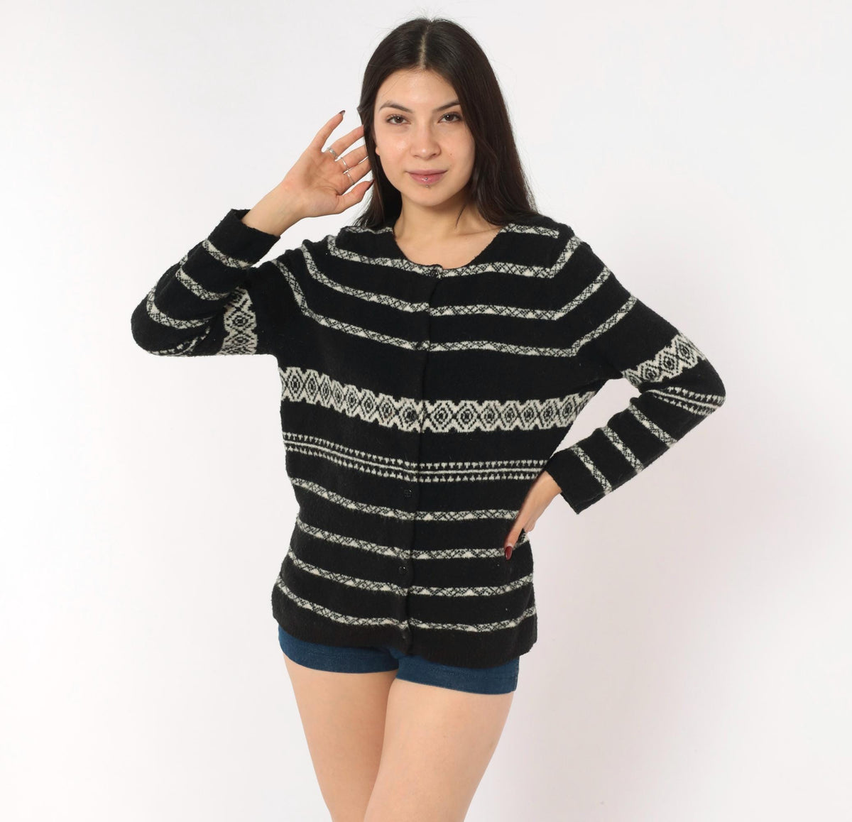 90s Moda International Fair Isle Cardigan Black White Wool Knit Medium M
