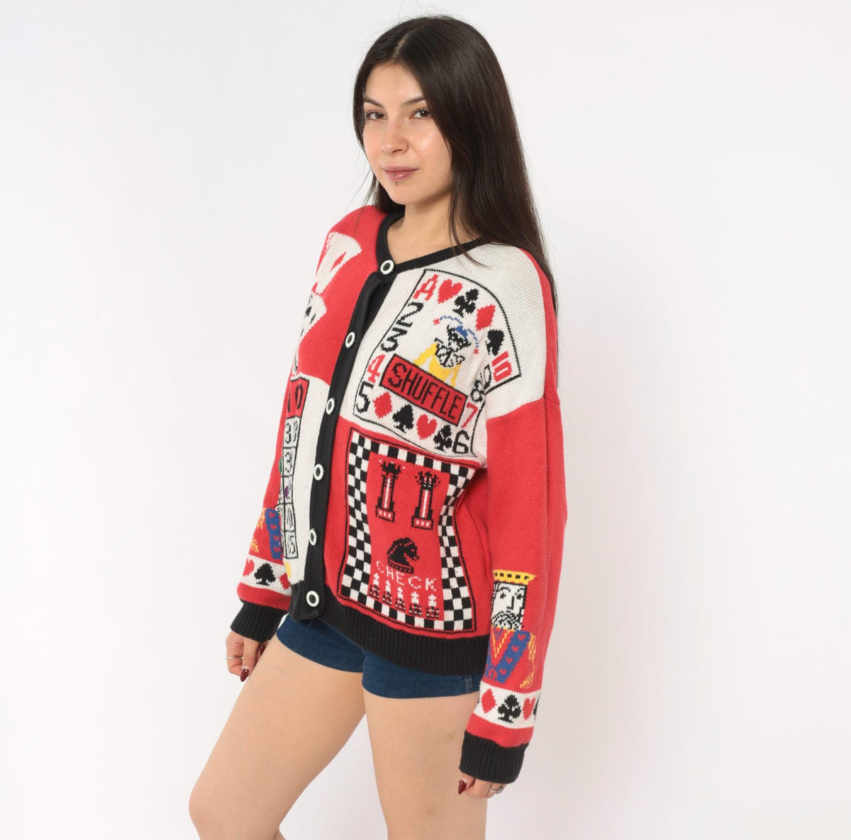 90s Casual Corner Cardigan Red Black Game Night Novelty Knit Large L