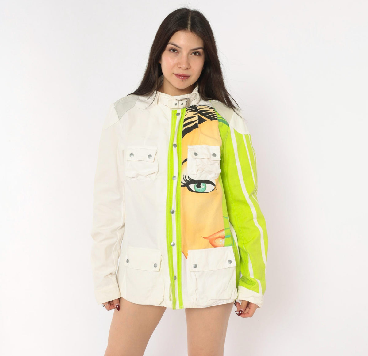 Y2K Custo Barcelona Pop Art Face Jacket White Lime Green Cotton Small S
