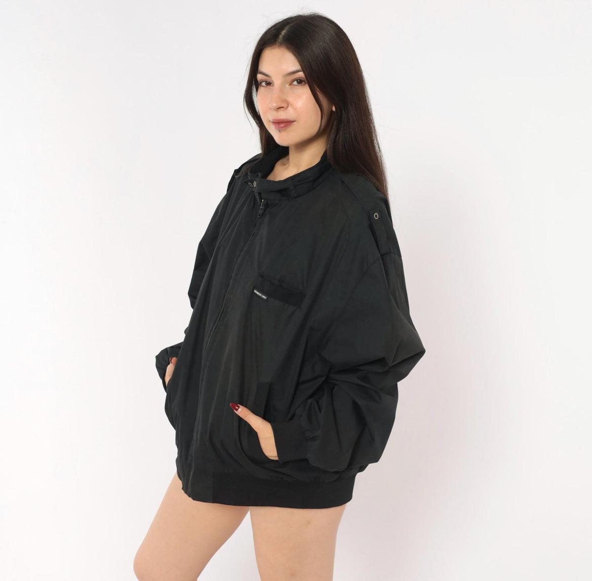 90s Members Only Bomber Jacket Black Nylon Stand Collar Extra Large XL