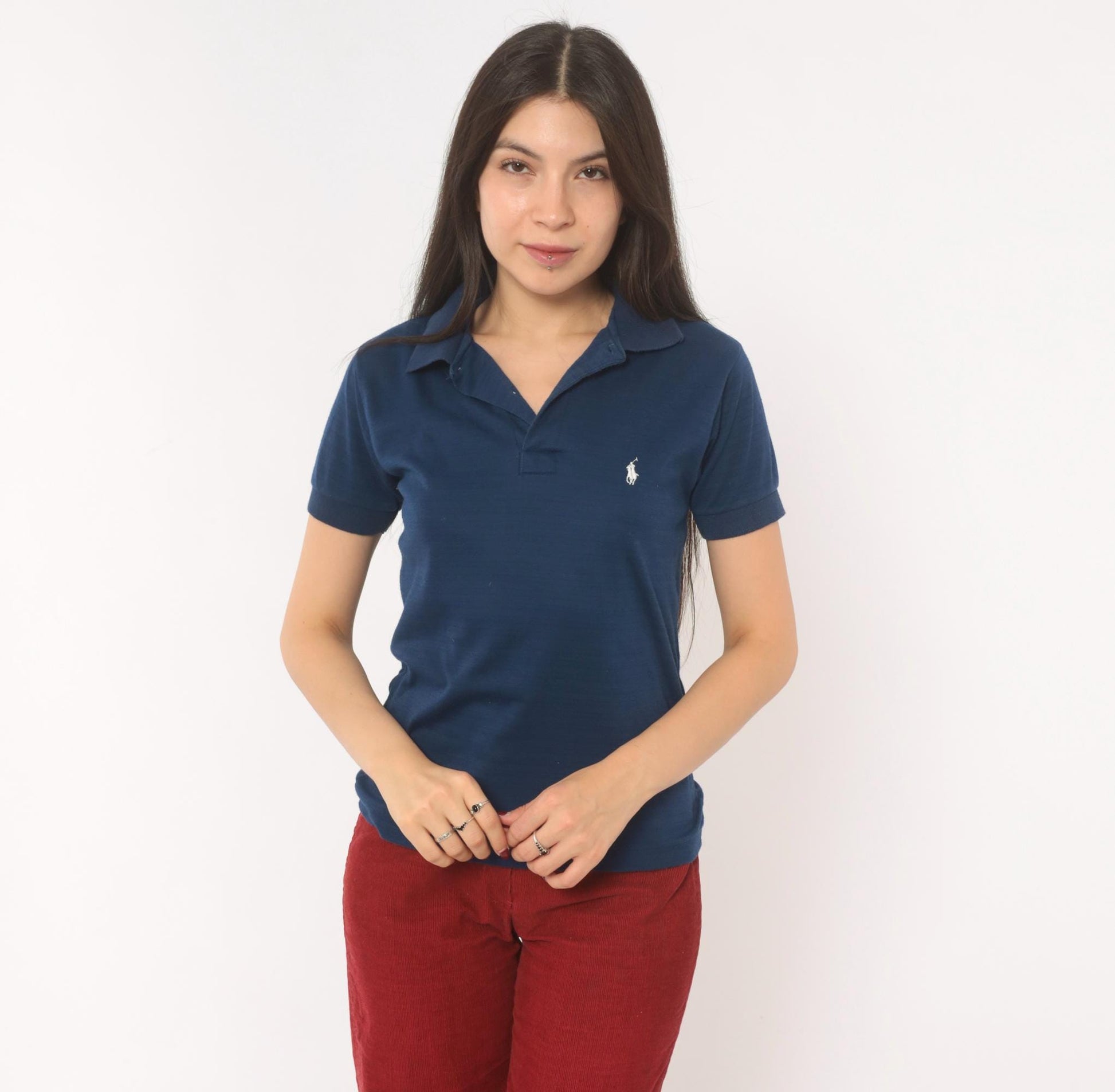 90s Ralph Lauren Polo Navy Cotton Short Sleeve V-Neck Shirt White Logo Extra Small XS
