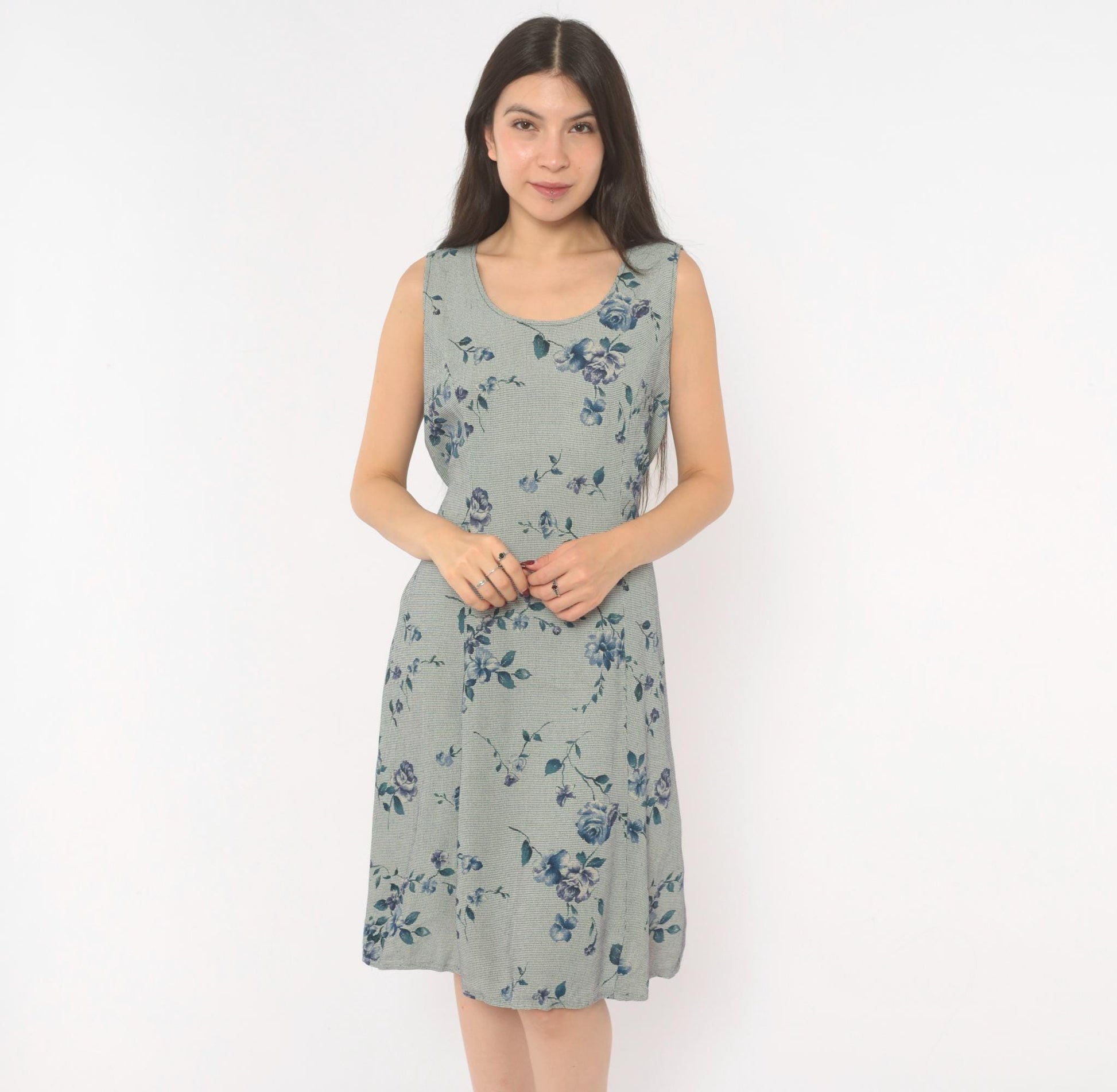 90s Floral Gingham Sundress Blue Rose Print Knee Length A-Line Medium M