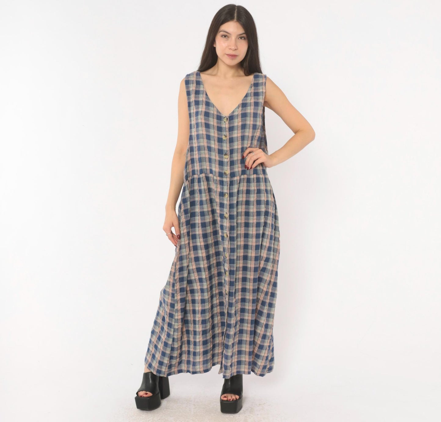 90s Lauren Brooke Plus Plaid Maxi Dress Button Front Cotton Blue Pink 1X