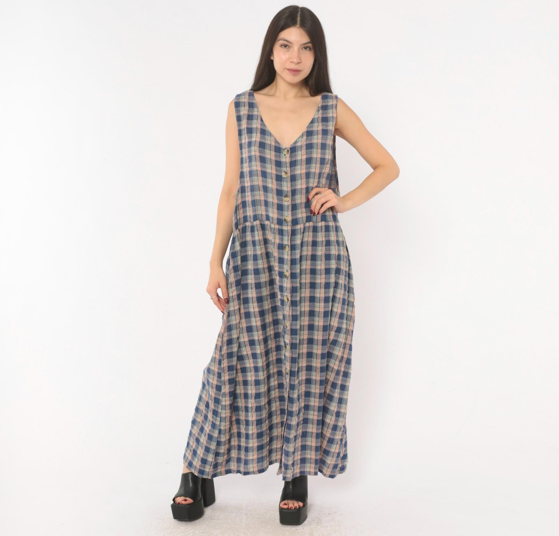 90s Lauren Brooke Plus Plaid Maxi Dress Button Front Cotton Blue Pink 1X
