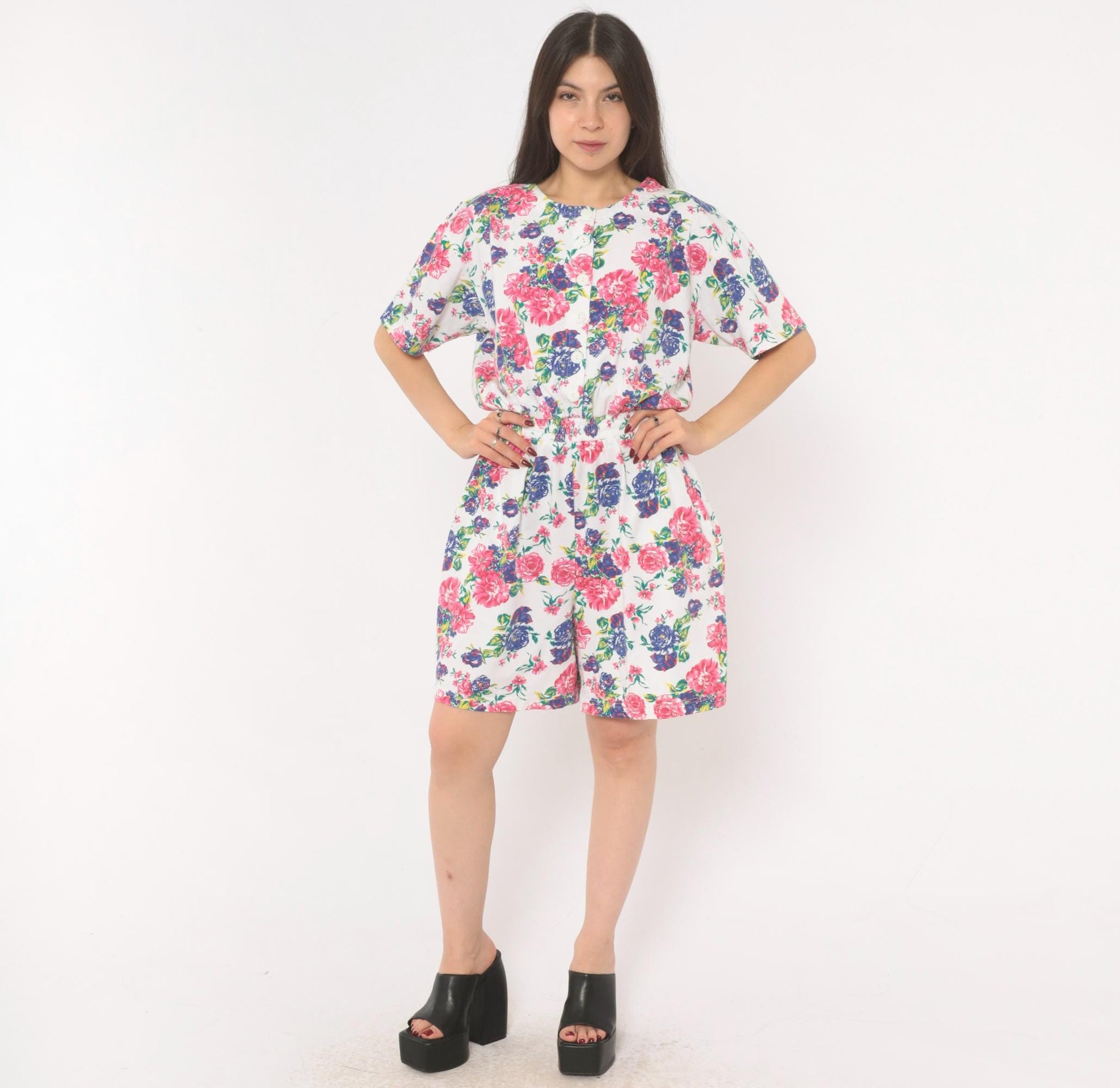 90s Jason Maxwell Floral Romper White Pink Rose Print Cotton Playsuit Medium