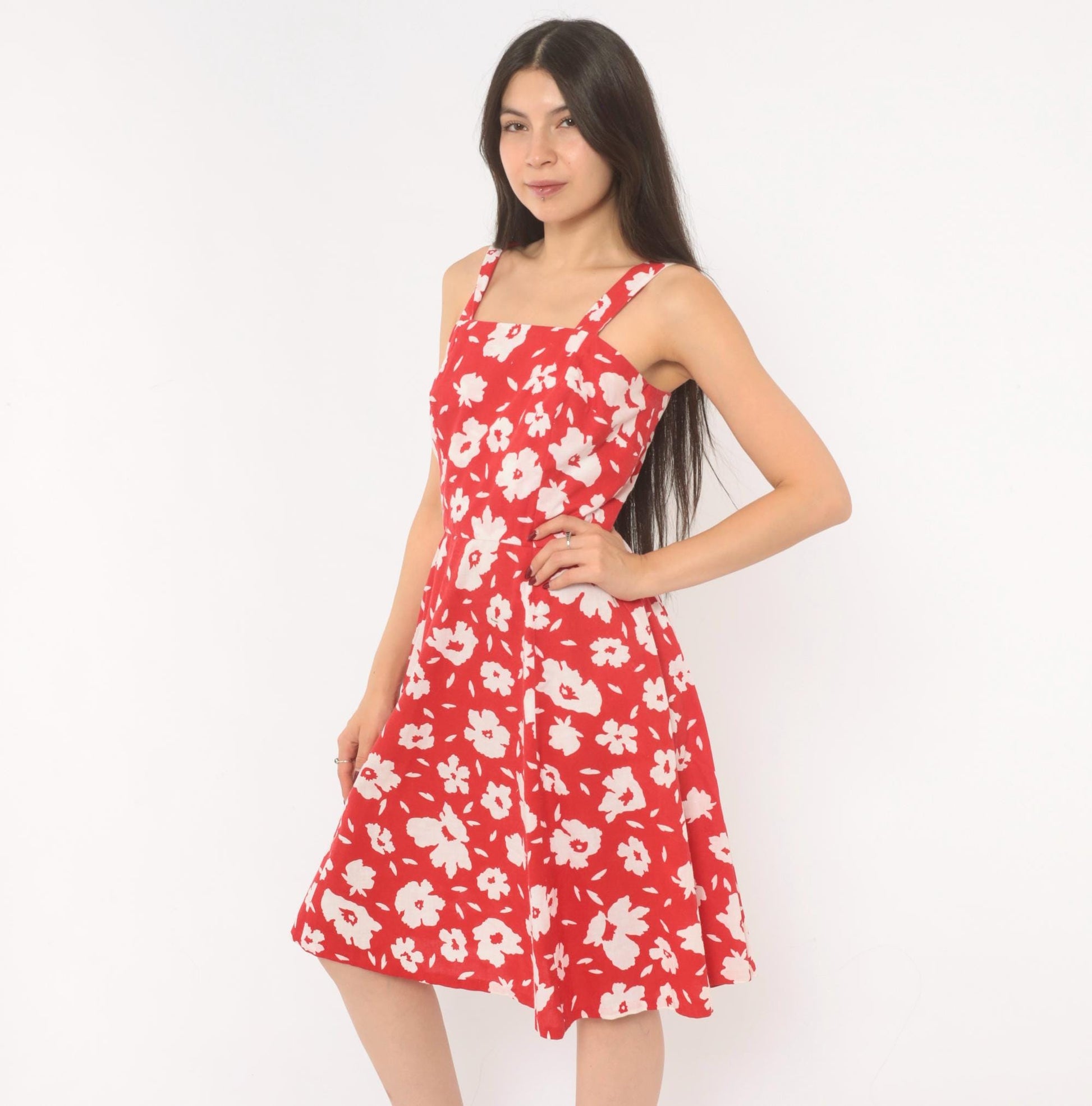 80s Red Floral Cotton Sundress White Square Neck A-Line Knee Length Extra Small XS
