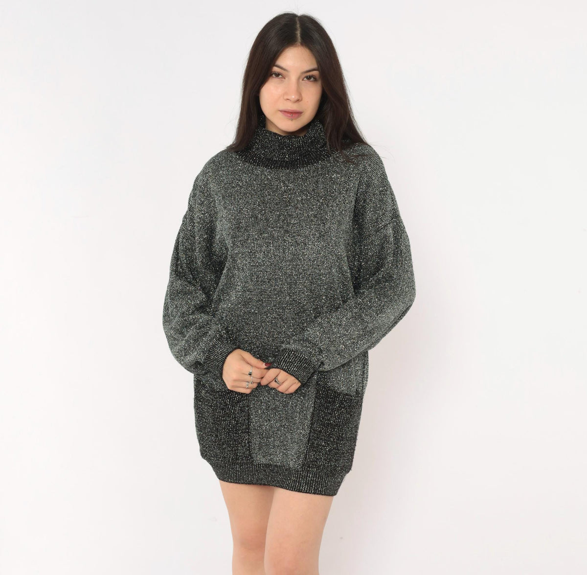 80s Black Silver Lurex Knit Mini Dress Cowl Turtleneck Balloon Sleeve Medium