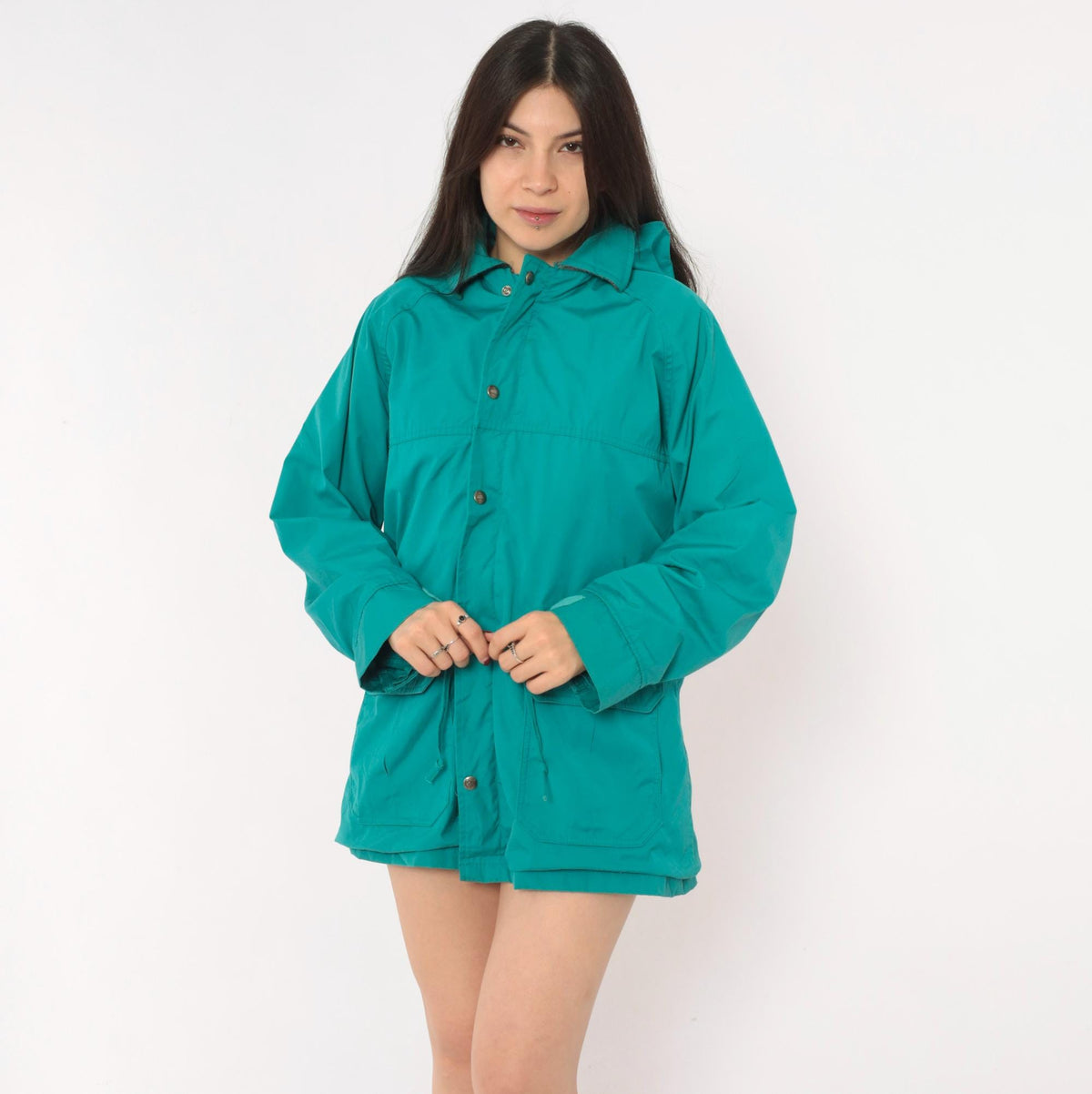 80s Woolrich Teal Hooded Parka Plaid Lined Windbreaker Small