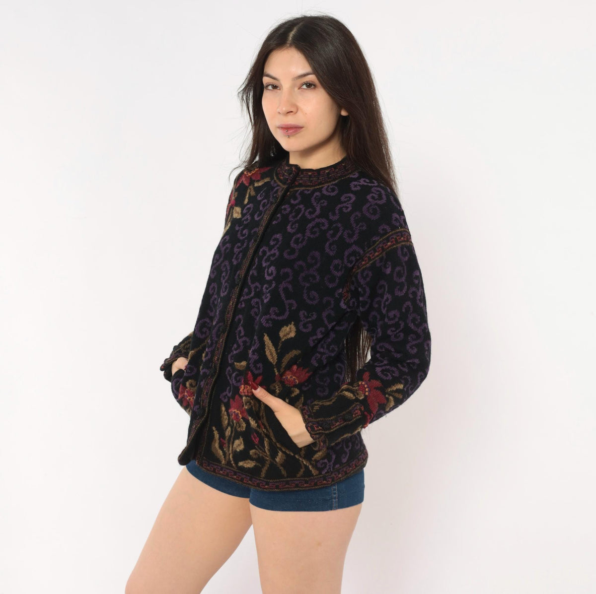 80s Icelandic Design Wool Cardigan Black Purple Floral Jacquard Small