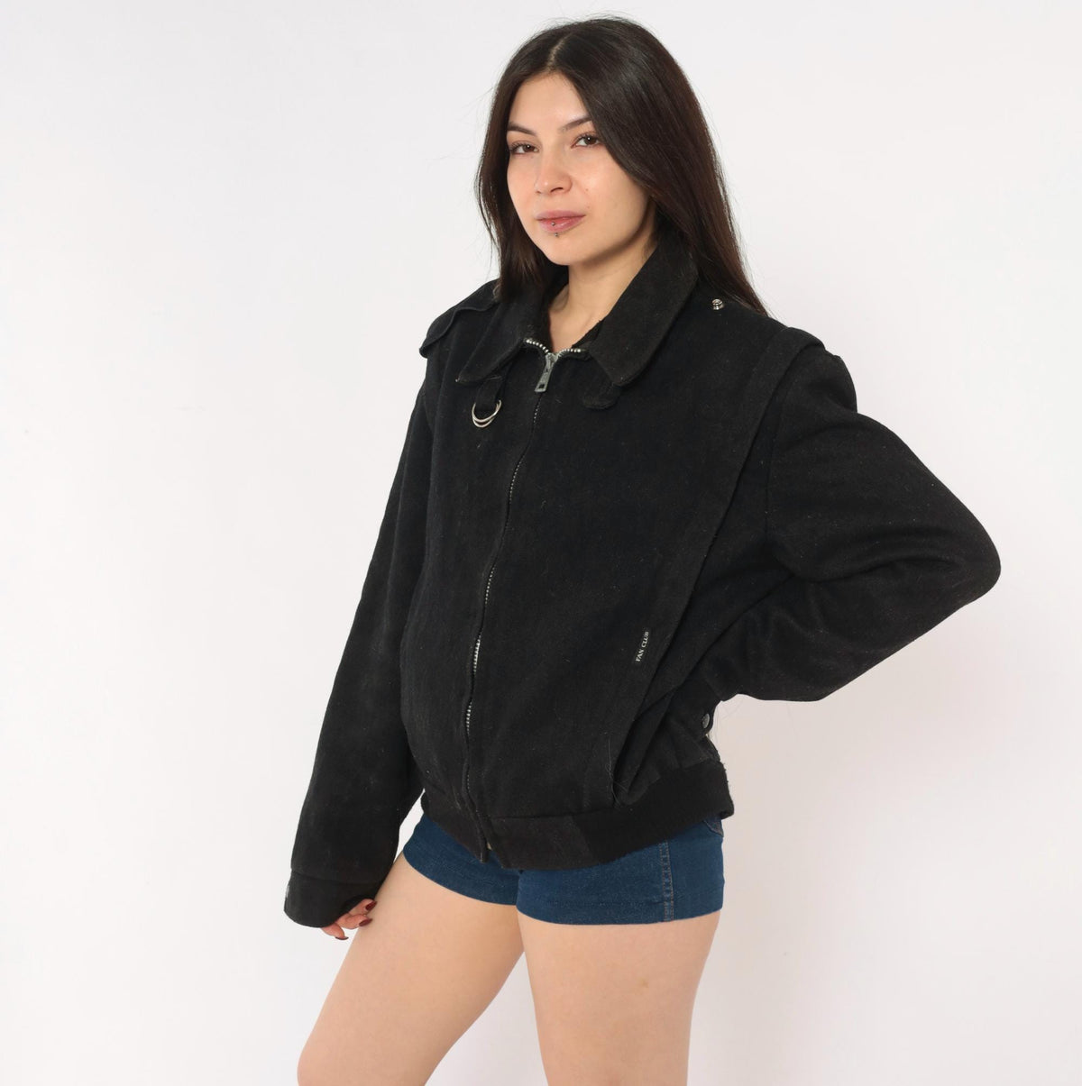 80s Fan Club Wool Blend Bomber Jacket Black Zip Front Mens Small