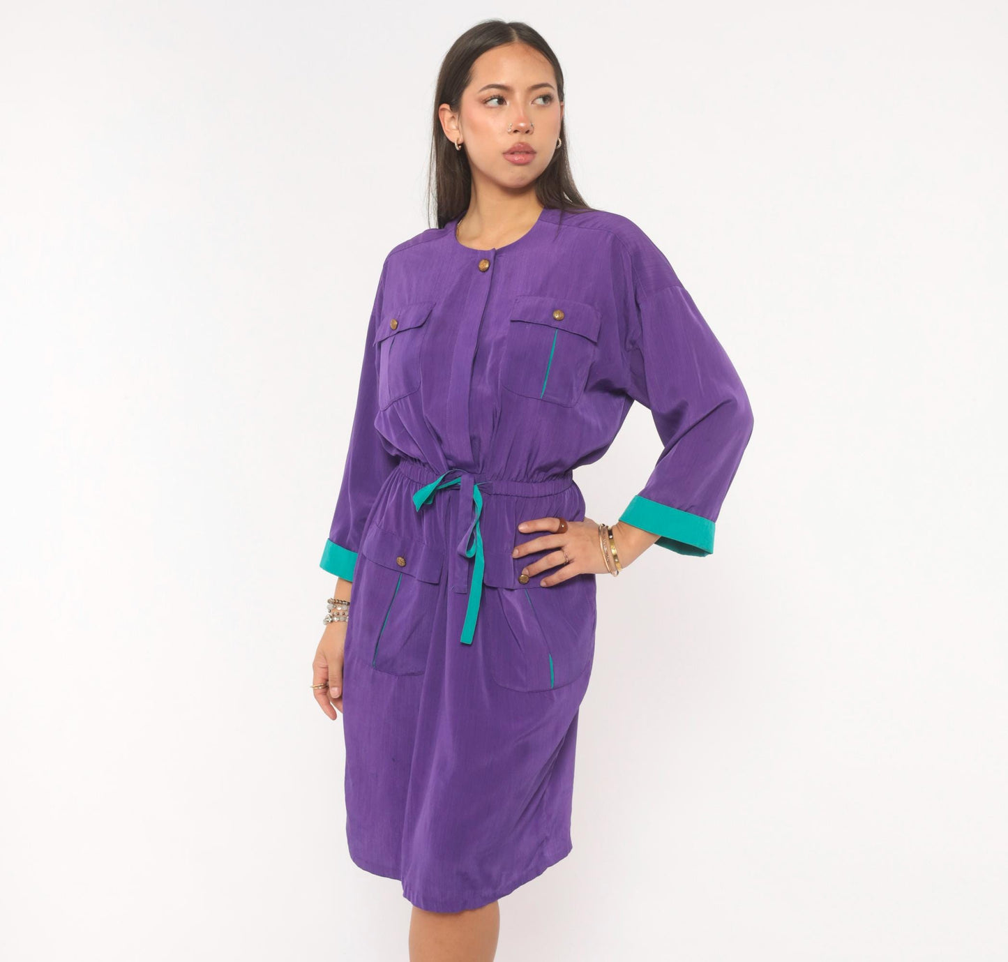 80s Leslie Fay Purple Safari Dress Knee-Length Utility Pockets Teal Trim Medium