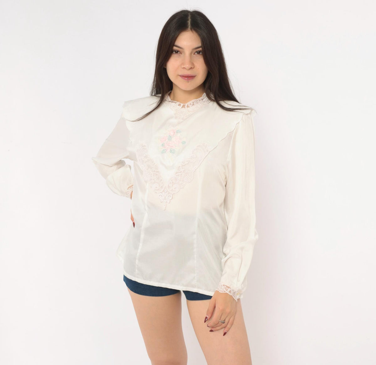 80s Nicola Embroidered Floral Lace Blouse High Neck Puff Sleeve Ivory Medium M