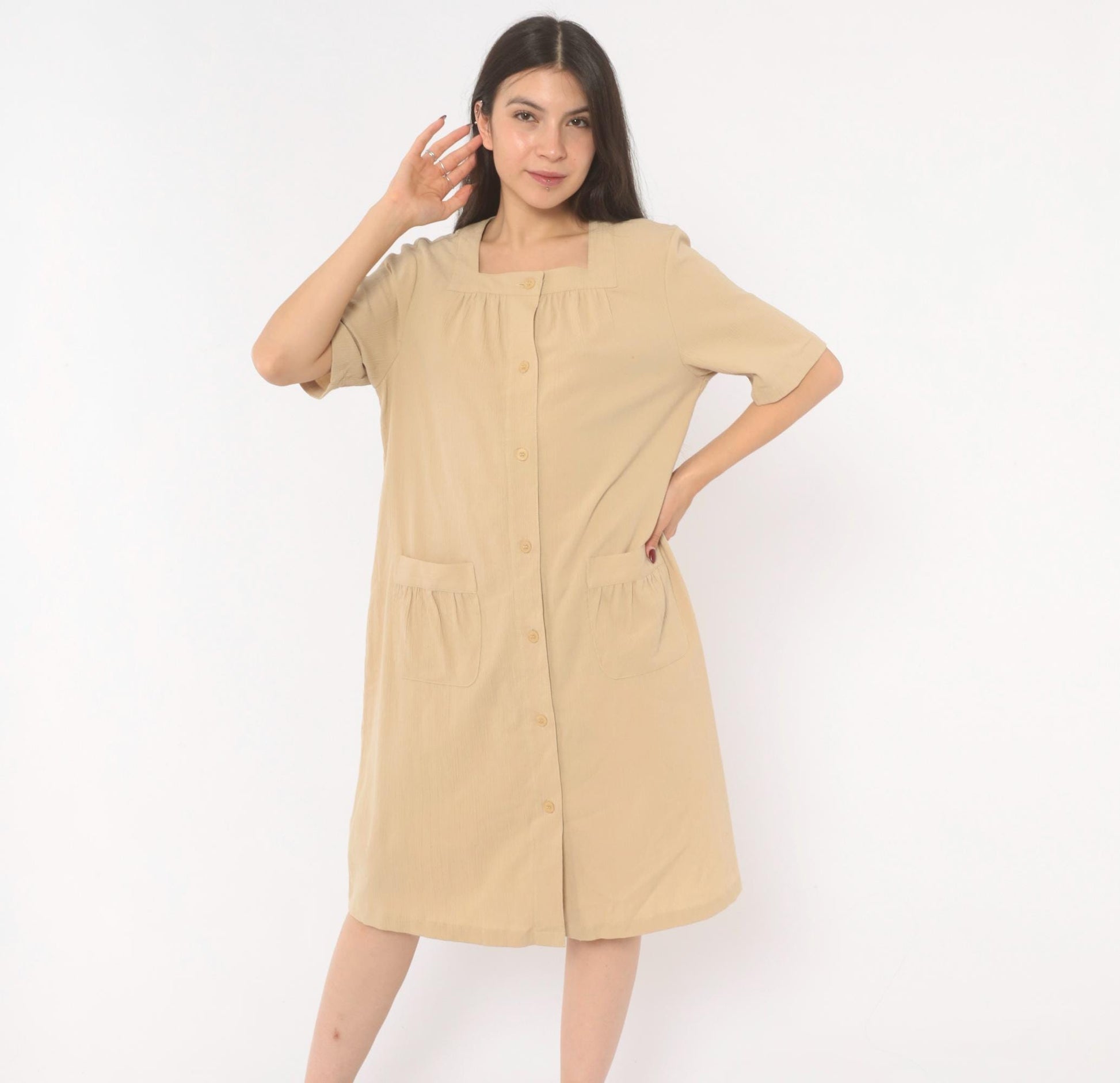 2000s The Tog Shop Petites Button Front Shift Dress Tan Square Neck Medium