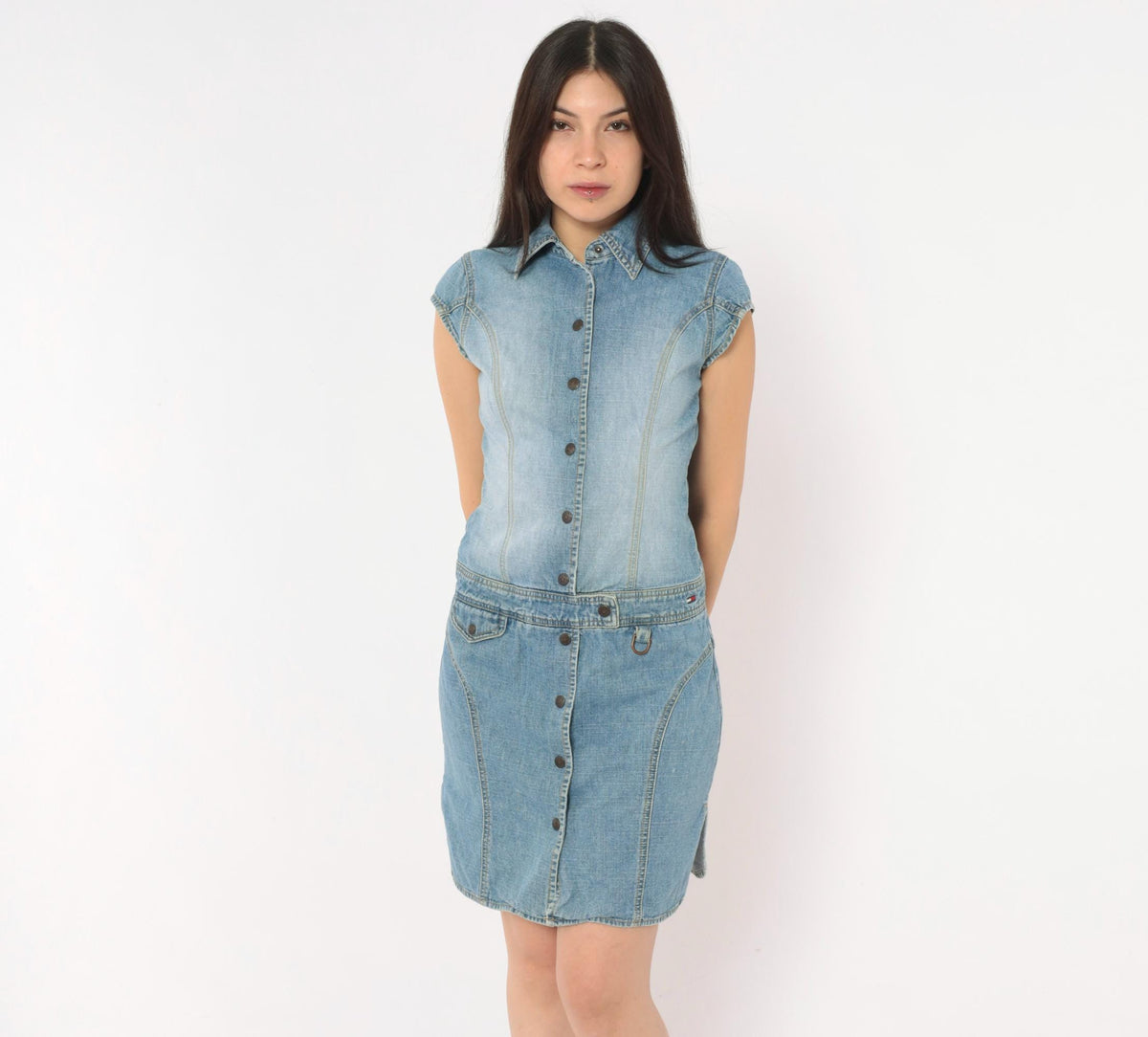 Tommy Jeans Y2K Light Wash Denim Mini Dress Snap Button Small S
