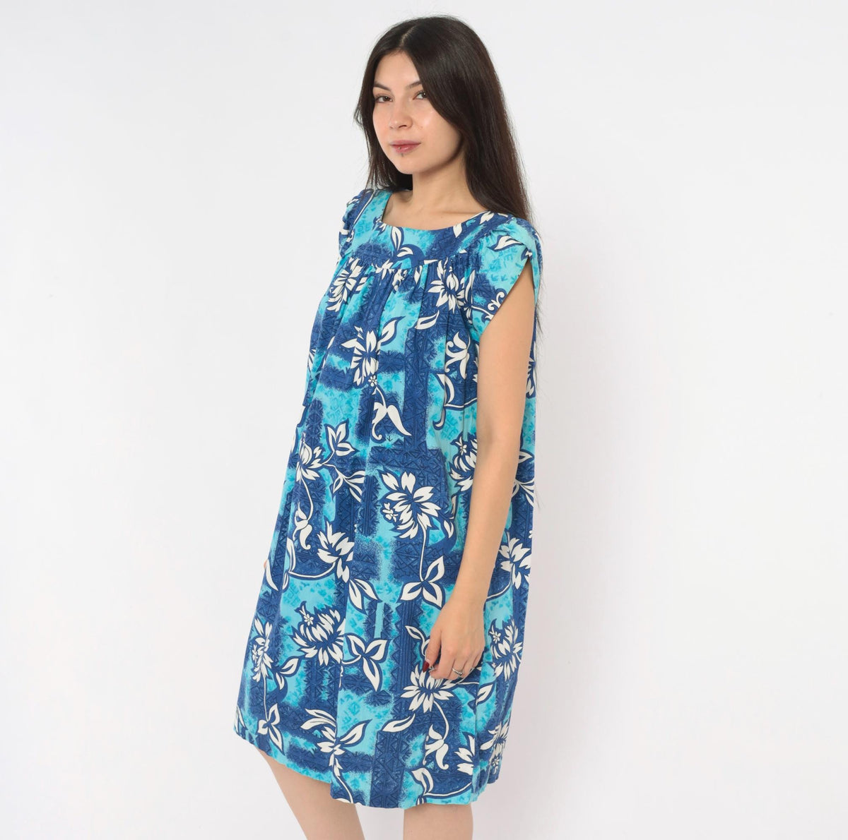 80s Made In Hawaii Muumuu Dress Blue Floral Cotton Knee-Length Medium