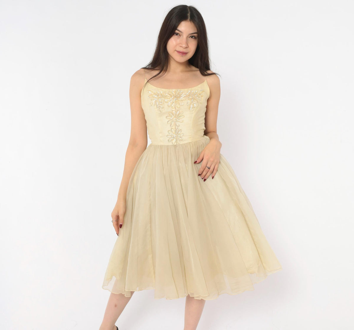 1950s Cream Sequin Floral Party Dress Full Skirt Chiffon Extra Small XS