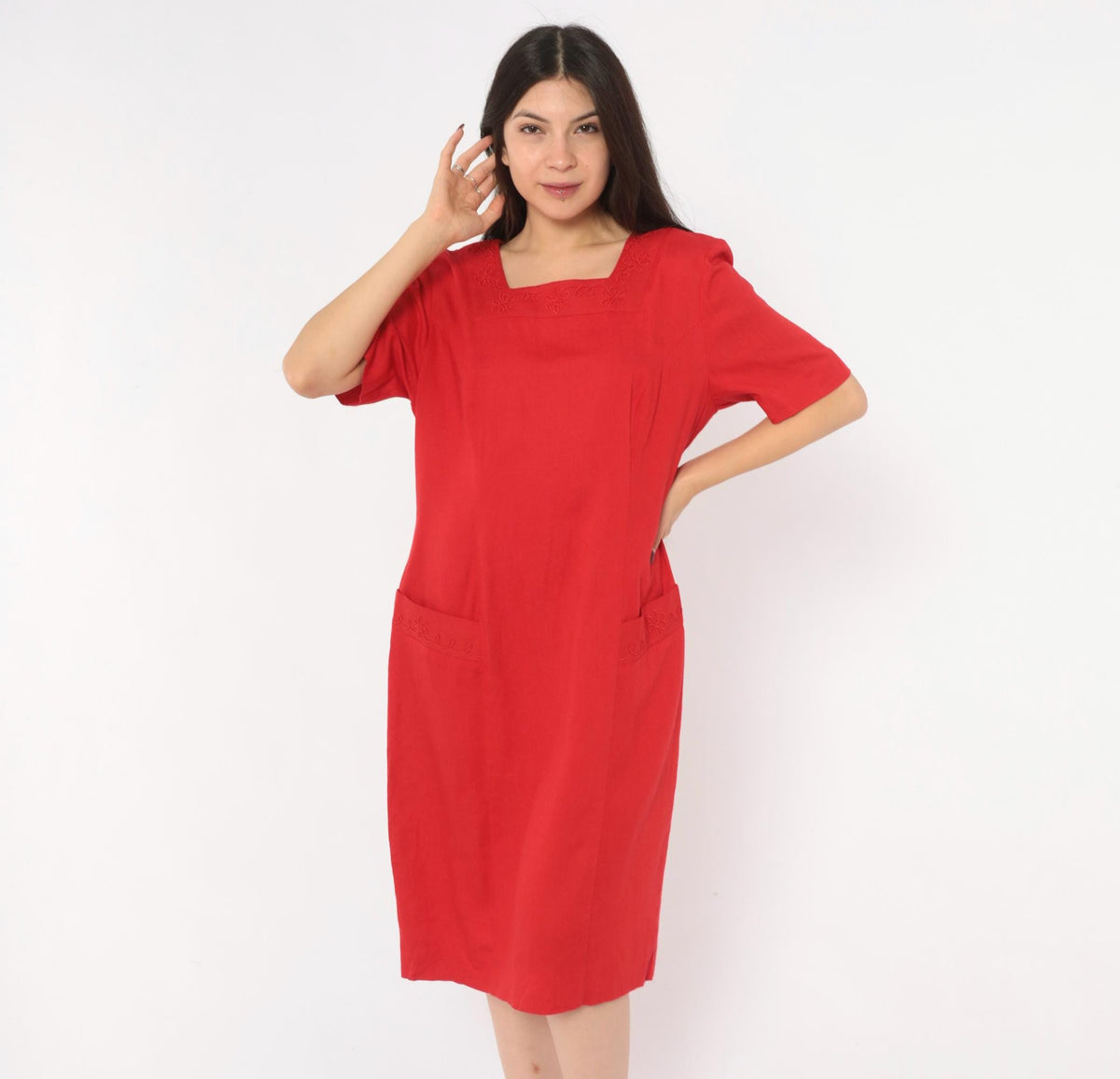 80s Lanz Originals Red Shift Dress Square Neck Soutache Embroidery Large L