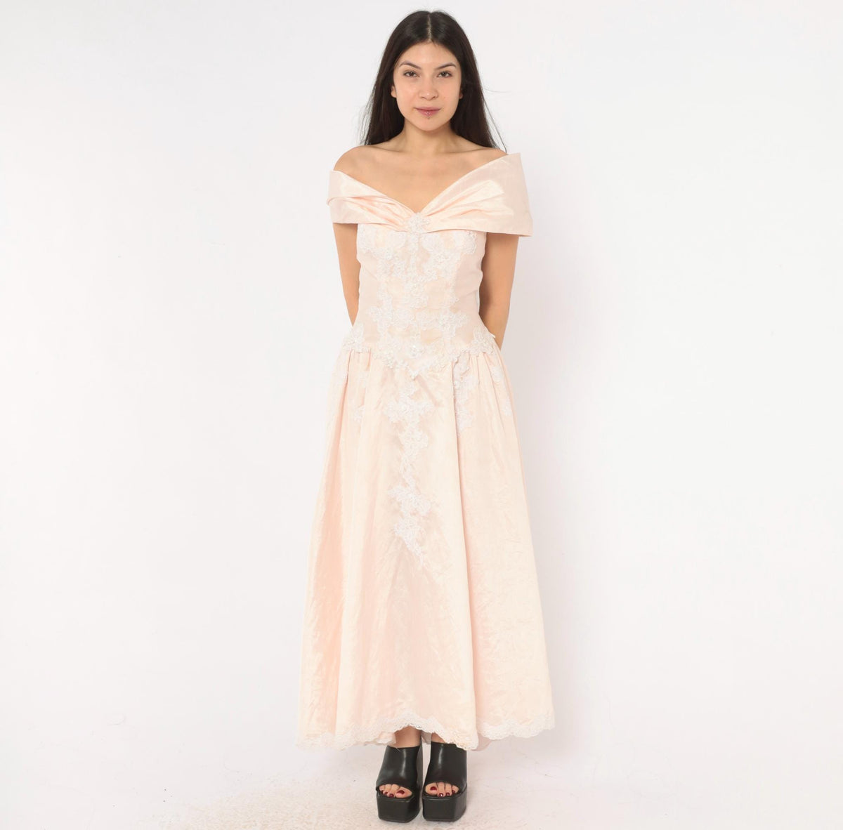 80s Eden Bridal Blush Pink Maxi Gown Off-Shoulder Sweetheart Bow Back Medium