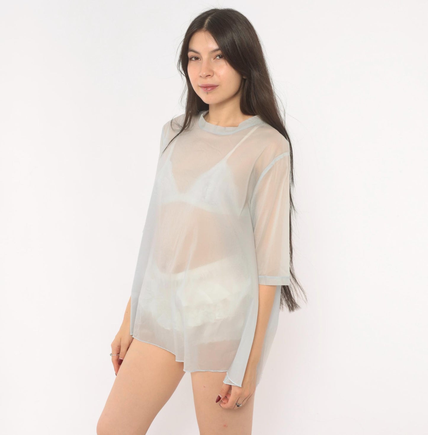 90s Baby Blue Sheer Organza Blouse Half Sleeve Crew Neck Medium M