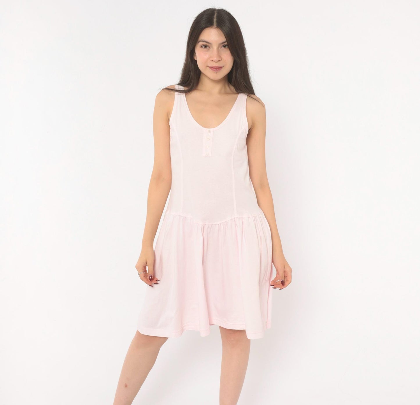 90s Cest Joti Blush Cotton Sundress Drop Waist Henley Neckline Small