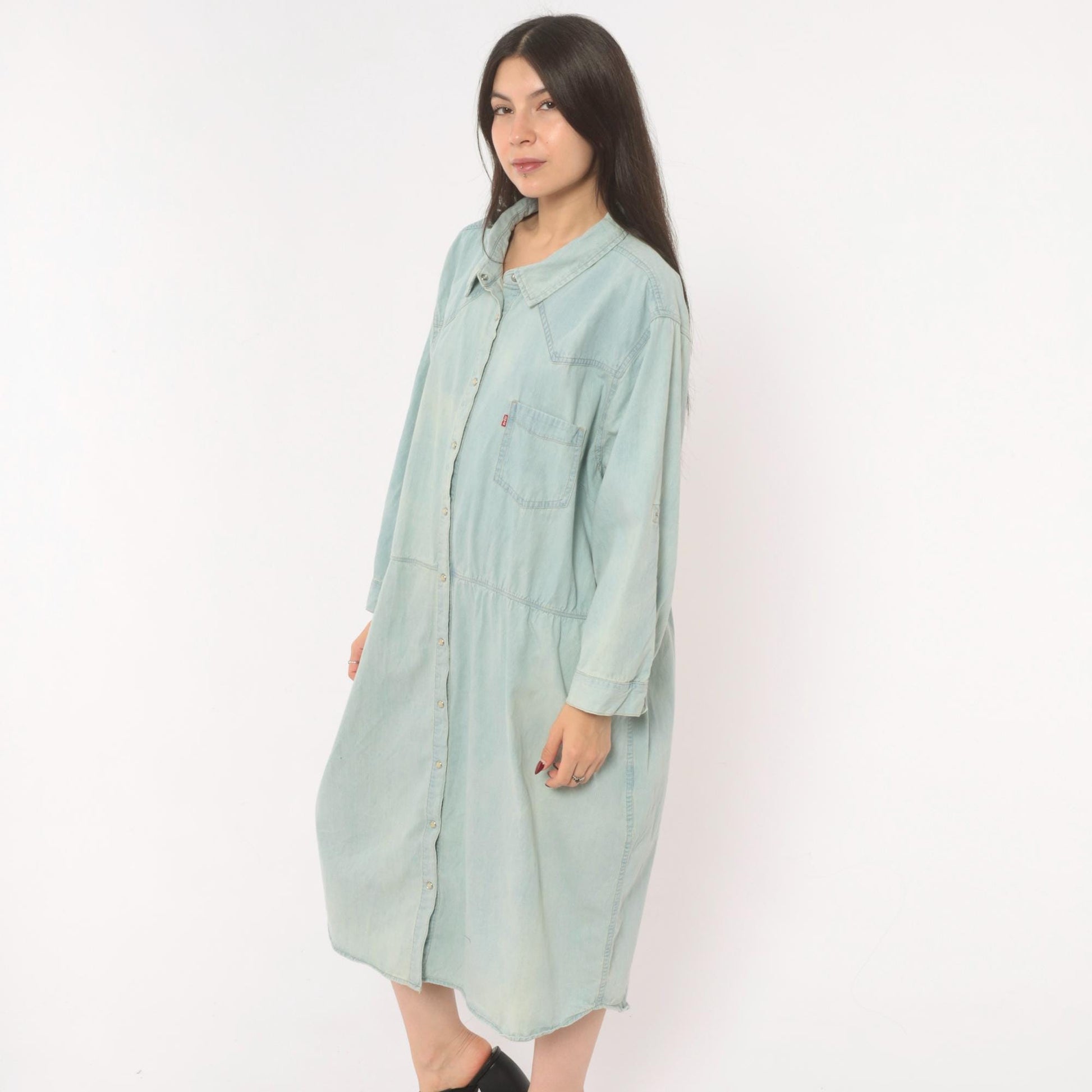 00s Levis Light Wash Denim Shirt Dress Western Yoke Midi Cotton Plus Size 3XL
