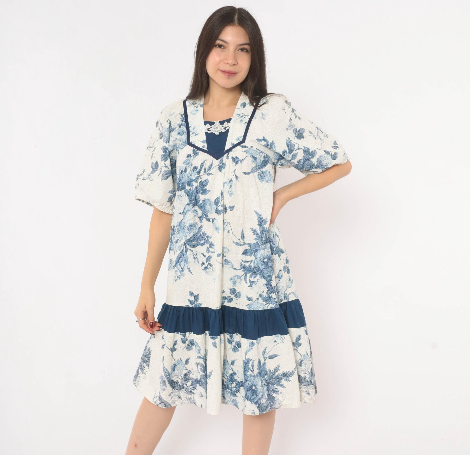 80s Liberty House Blue Floral Toile Cotton Dress V-Neck Puff Sleeve Extra Small XS