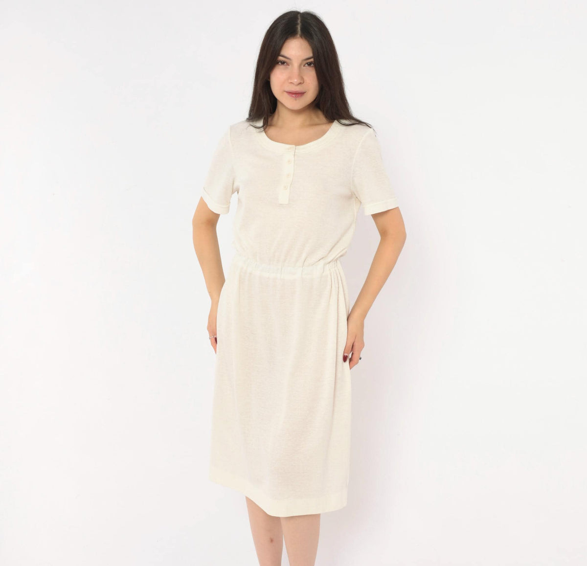 70s Cream Henley Dress Button Front A-Line Knee Length Short Sleeve Small Medium