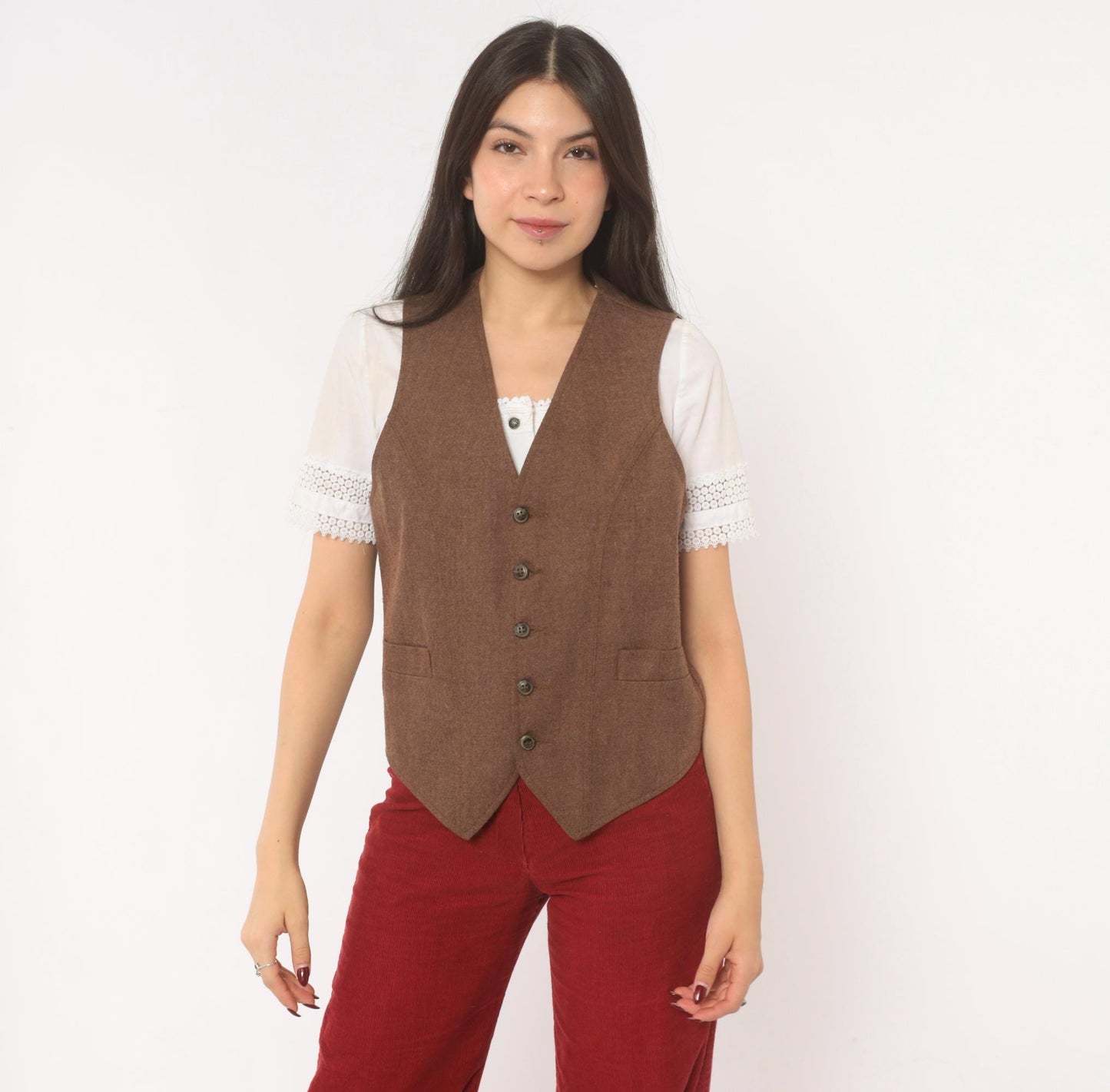 70s Angels Flight Wool Herringbone Vest Brown V-Neck Button Front Small S