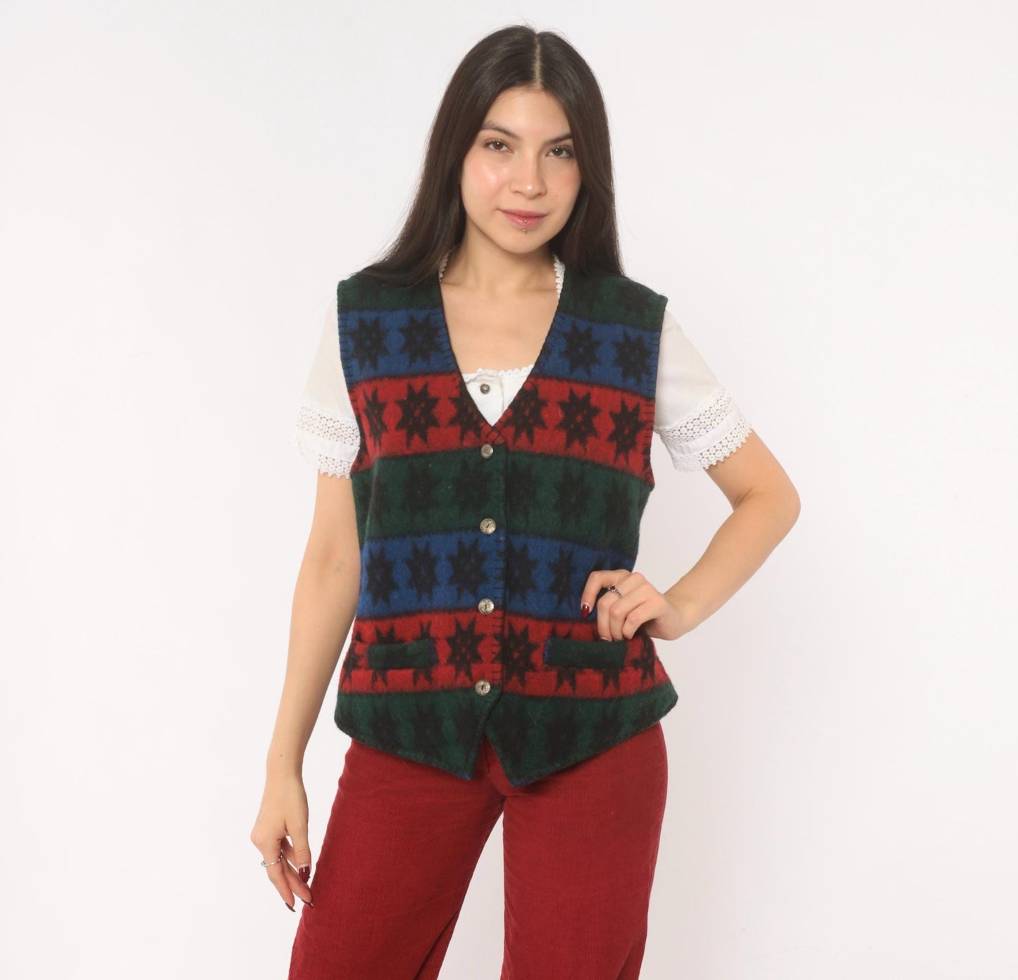 90s Erika Wool Vest Star Pattern Striped Navy Burgundy Forest Green Medium M