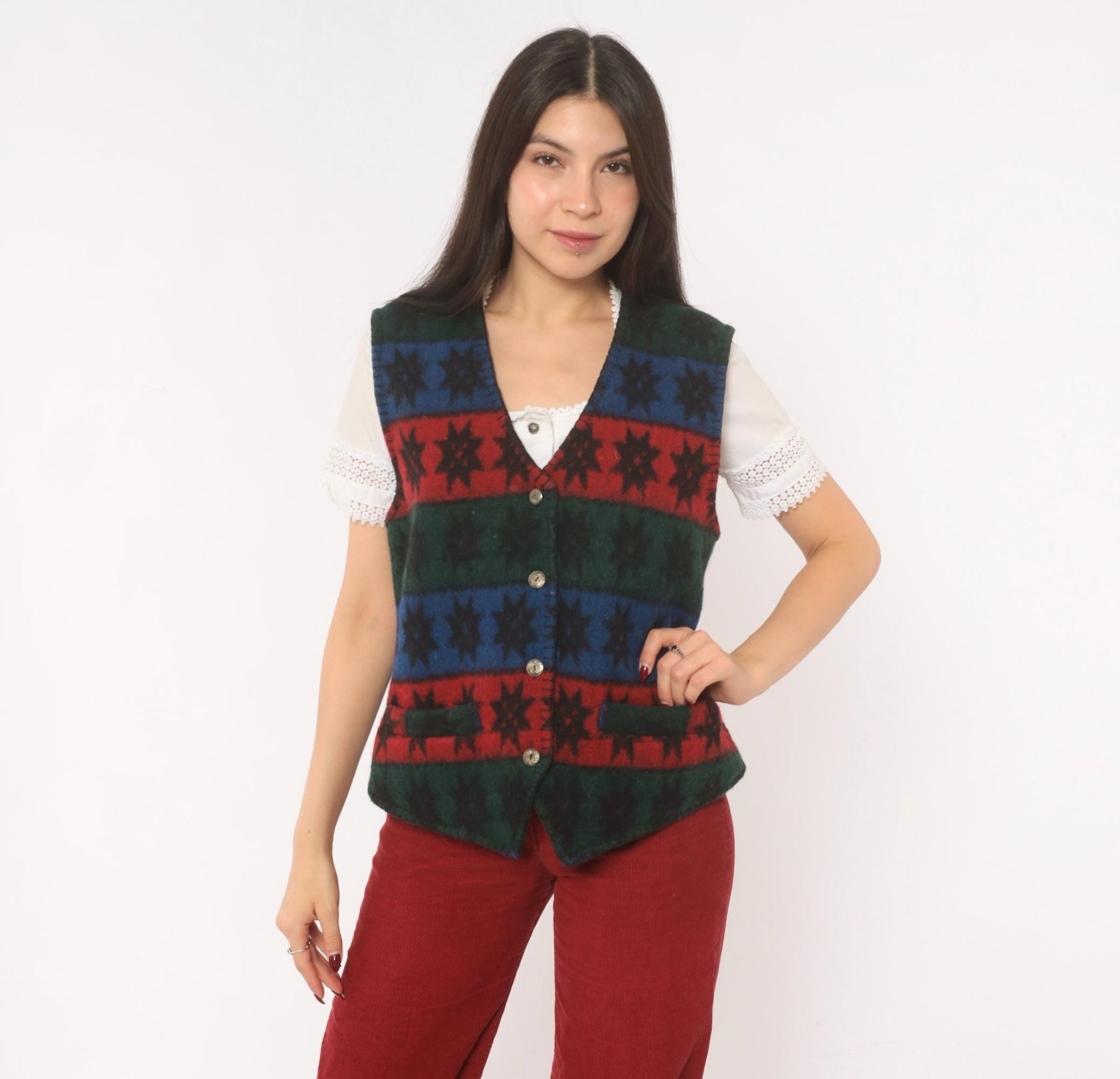 90s Erika Wool Vest Star Pattern Striped Navy Burgundy Forest Green Medium M