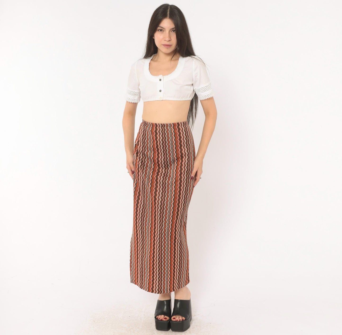 70s Orange Brown Zigzag Knit Maxi Skirt Chevron Stripe Elastic Waist Large