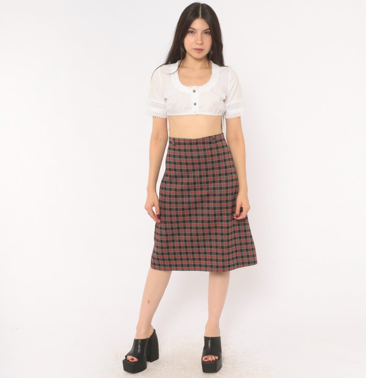 70s Black Red Tartan A-Line Skirt Knee-Length Plaid Preppy Medium