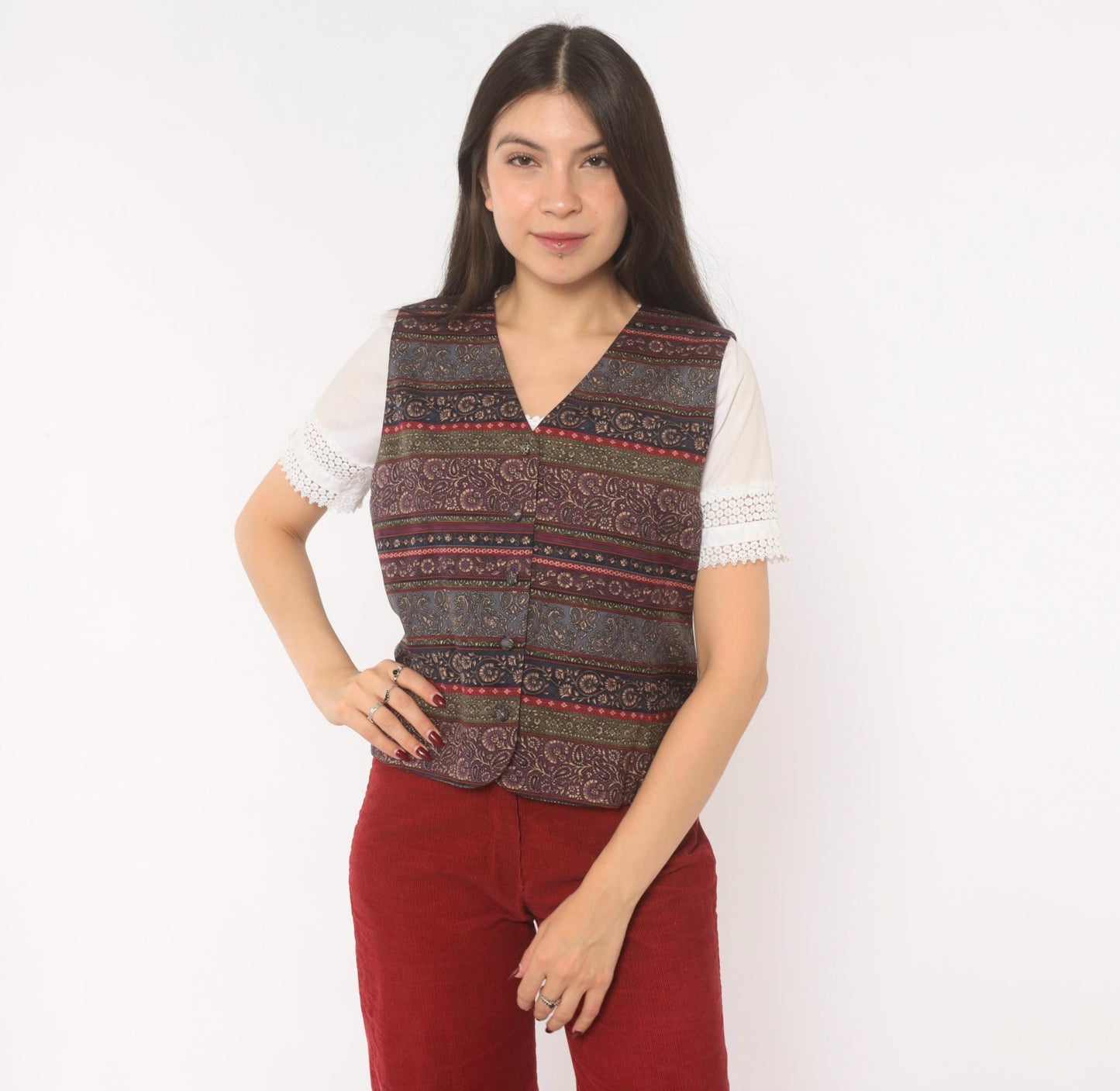 90s Talbots Paisley Silk Vest V-Neck Plum Navy Jacquard Medium M