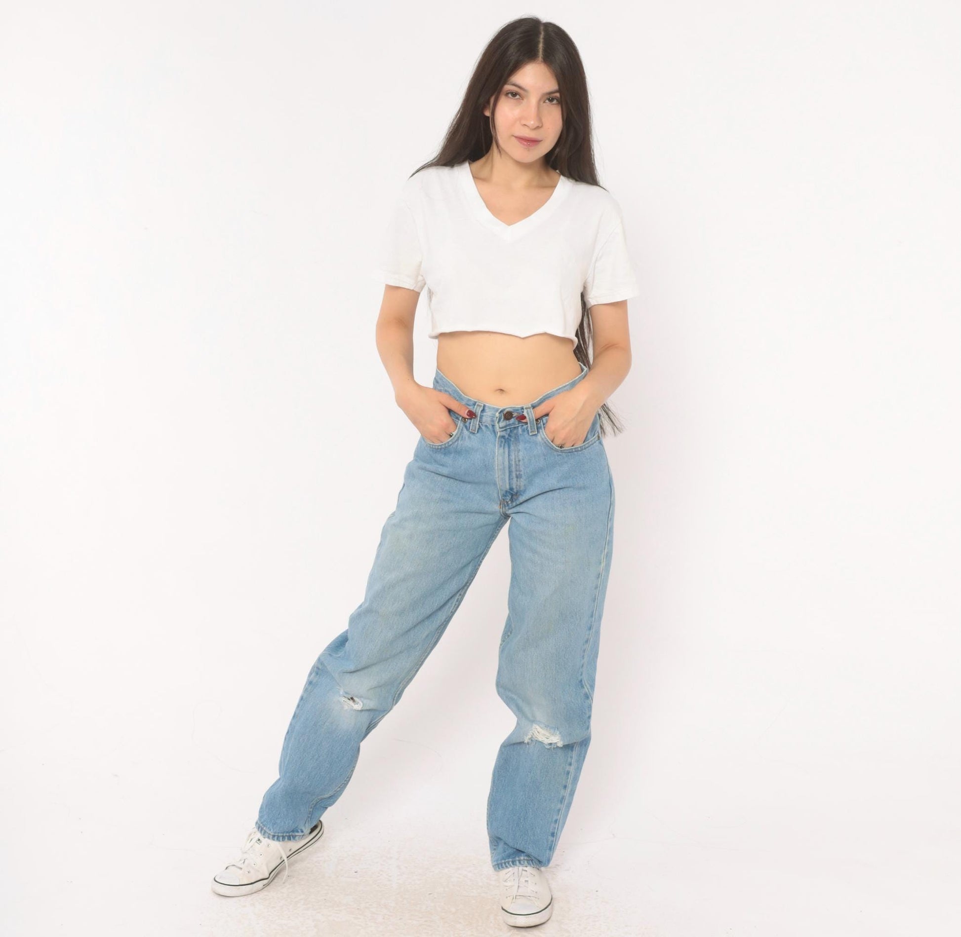 90s Light Wash Straight Leg High Rise Jeans Distressed Knee Rip Denim Small