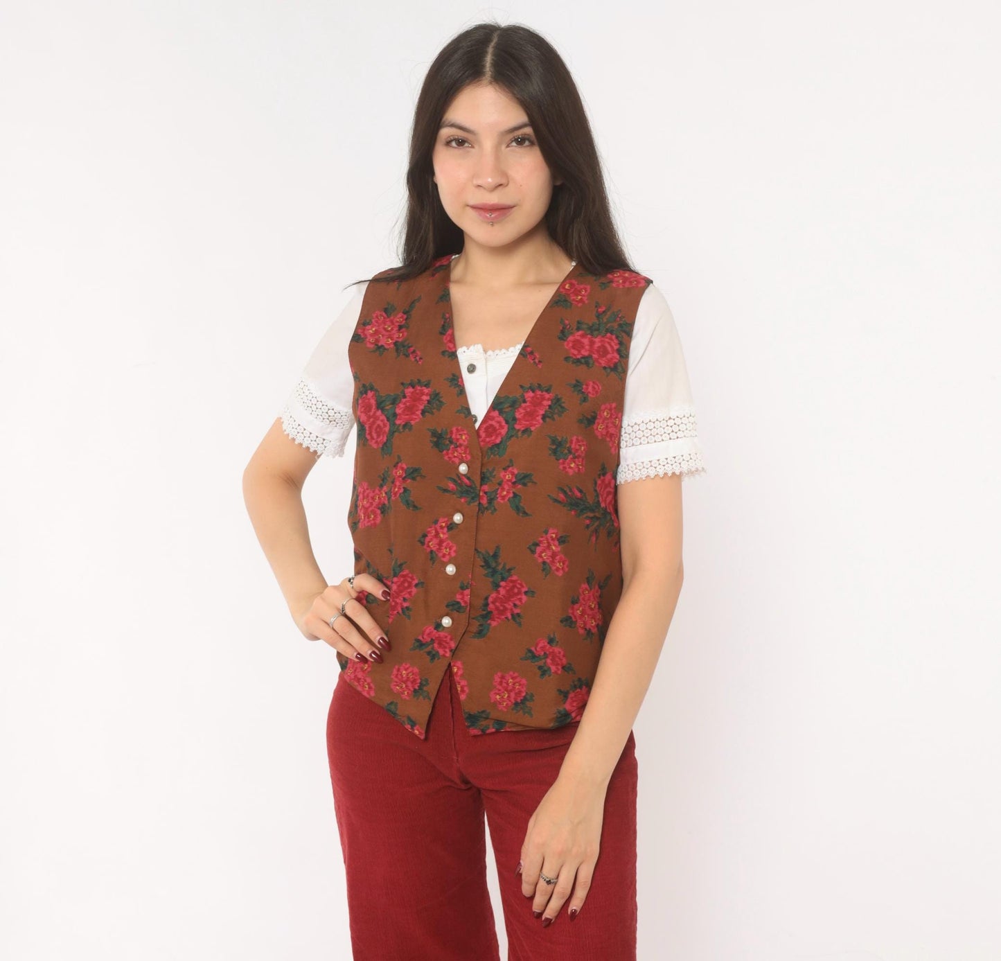 90s Karen Scott Floral Vest Brown Pink Rose Button Front Tie Back Small