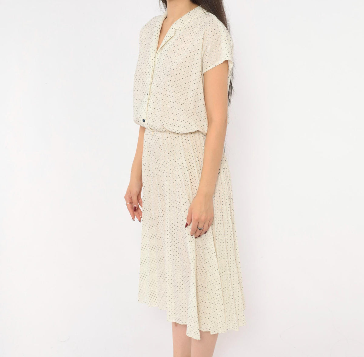 70s Promises Promises Polka Dot Dress Cream Navy Cap Sleeve Knee Length Small