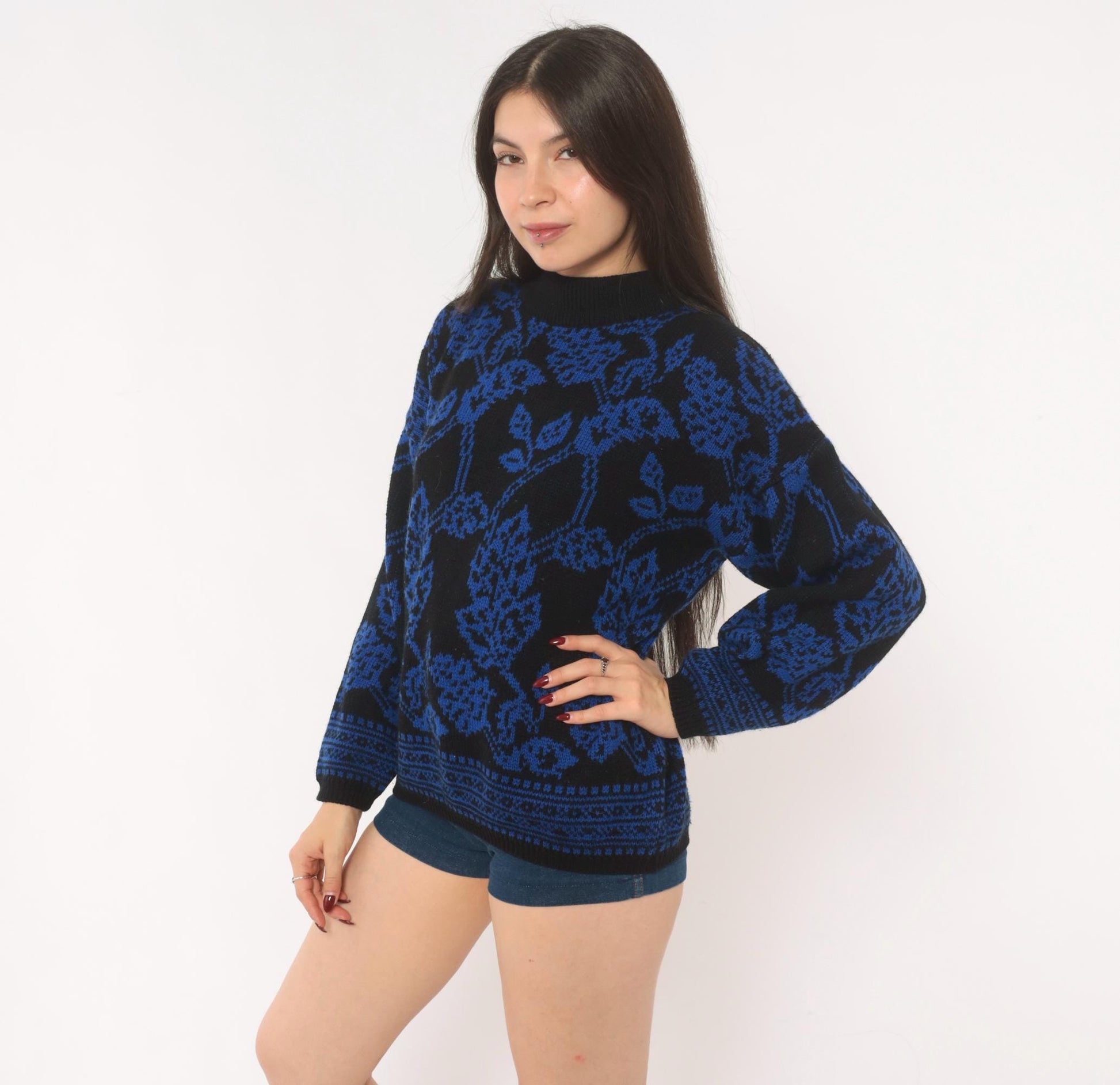 80s Jamie Scott Floral Knit Sweater Black Blue Rose Jacquard Medium